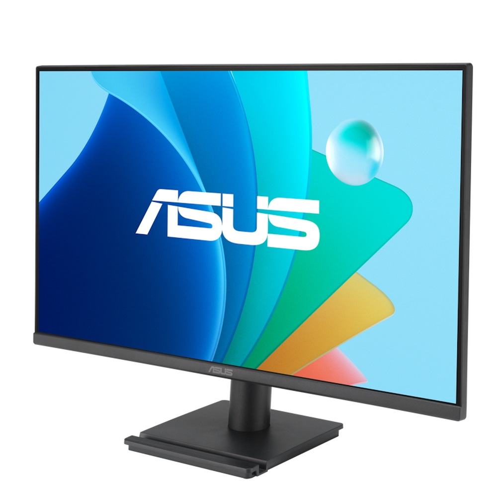 Monitor ASUS z niebieskim abstrakcyjnym tłem, na czarnym stojaku.