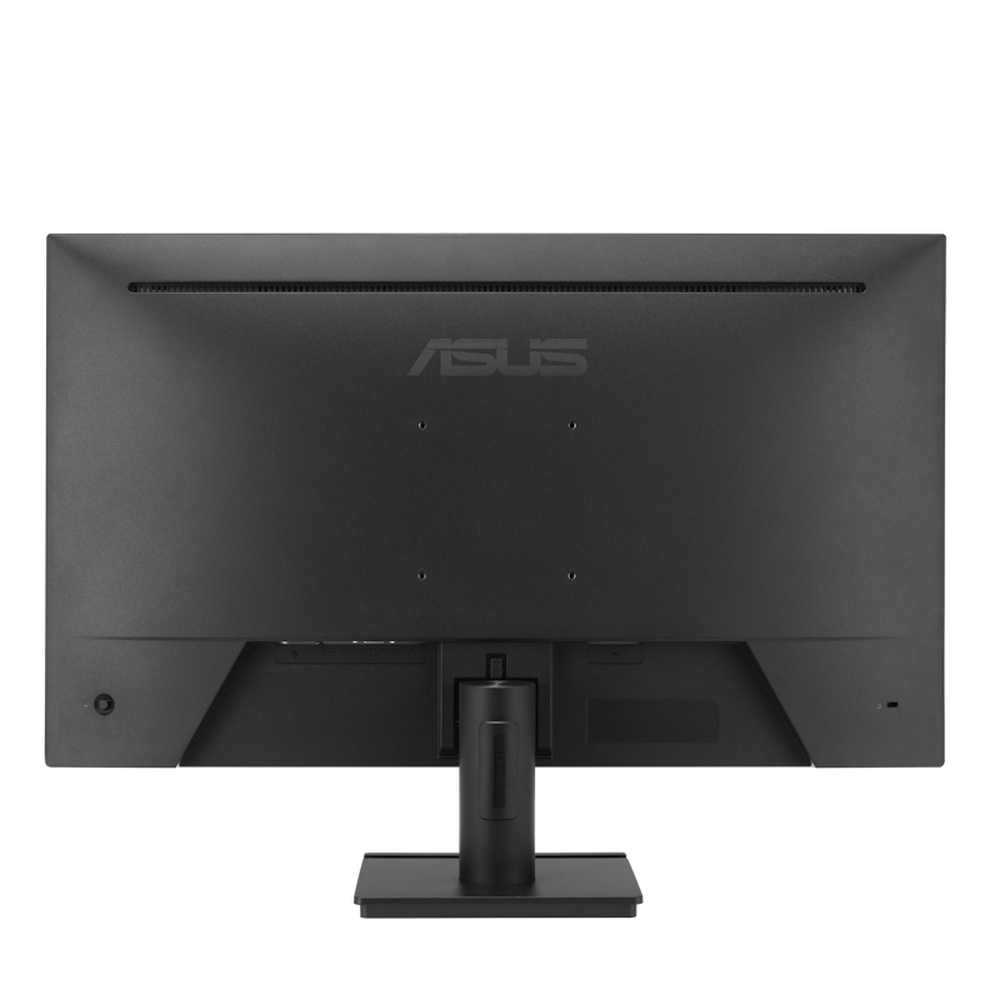 Tył czarnego monitora ASUS z podstawą. Ekran jest czarny. Na białym tle.
