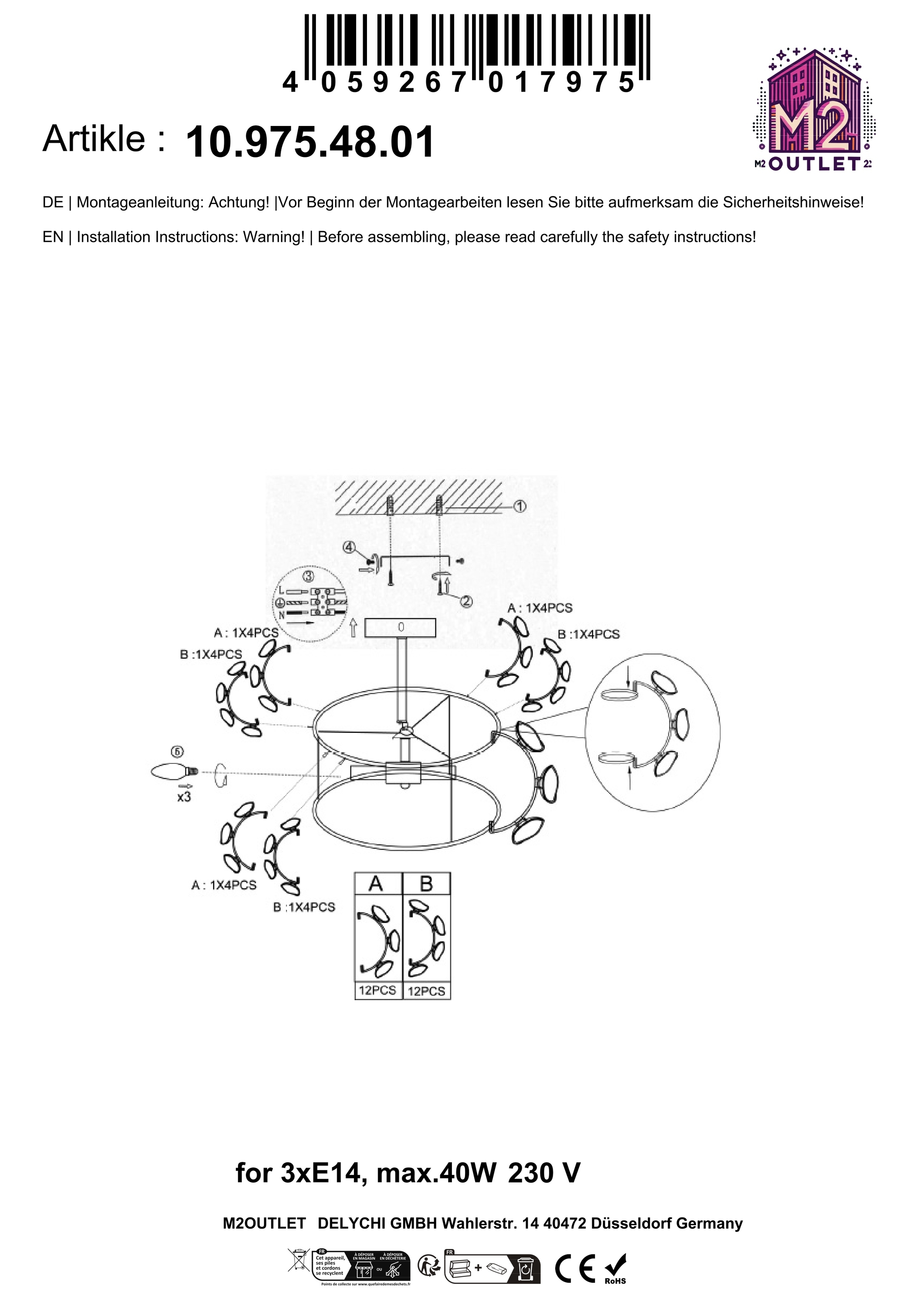 Montagediagramm mit Etiketten, Teilen und Anweisungen. Weißer Hintergrund.
