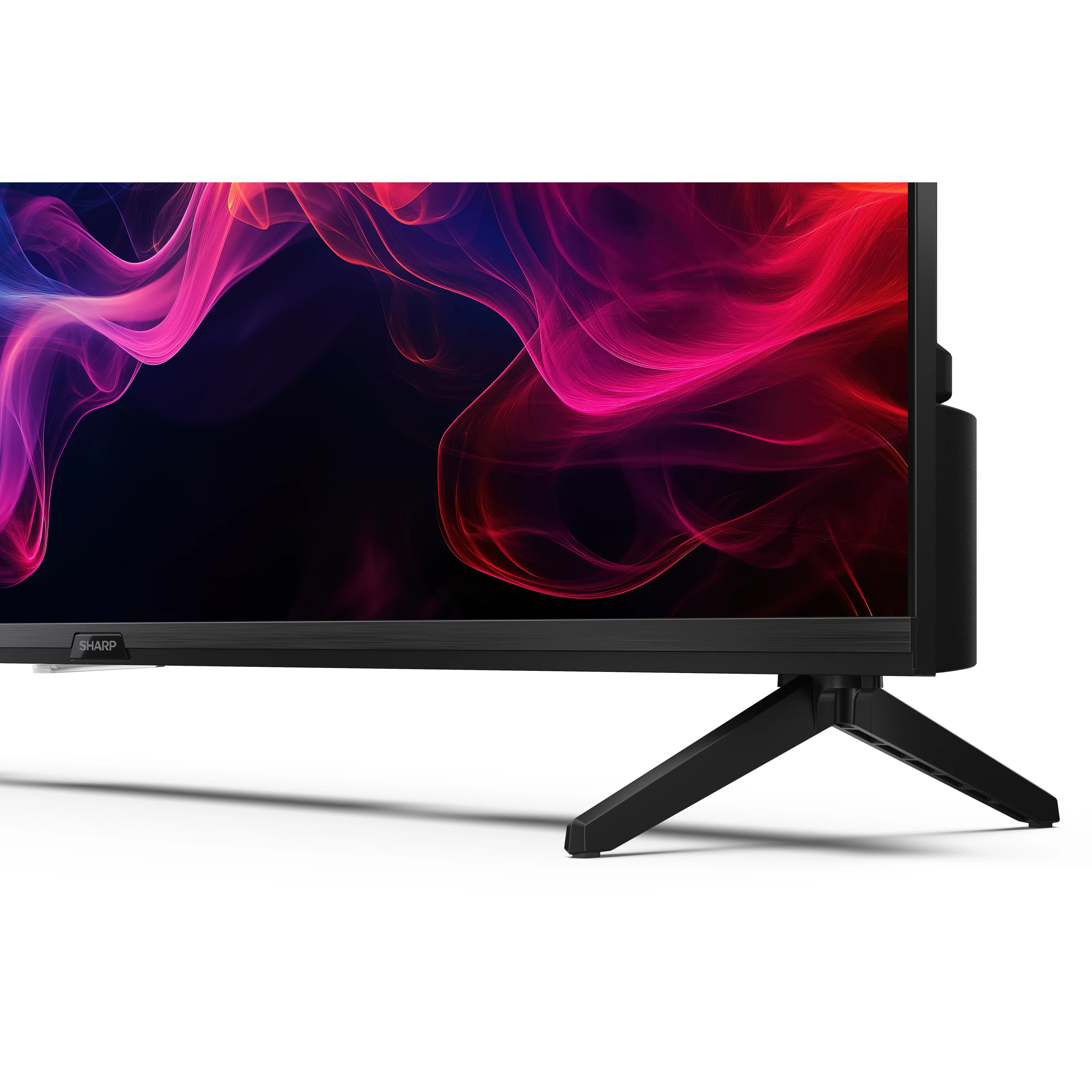 Zbliżenie czarnego ekranu telewizora z kolorowym, abstrakcyjnym obrazem na białym tle.