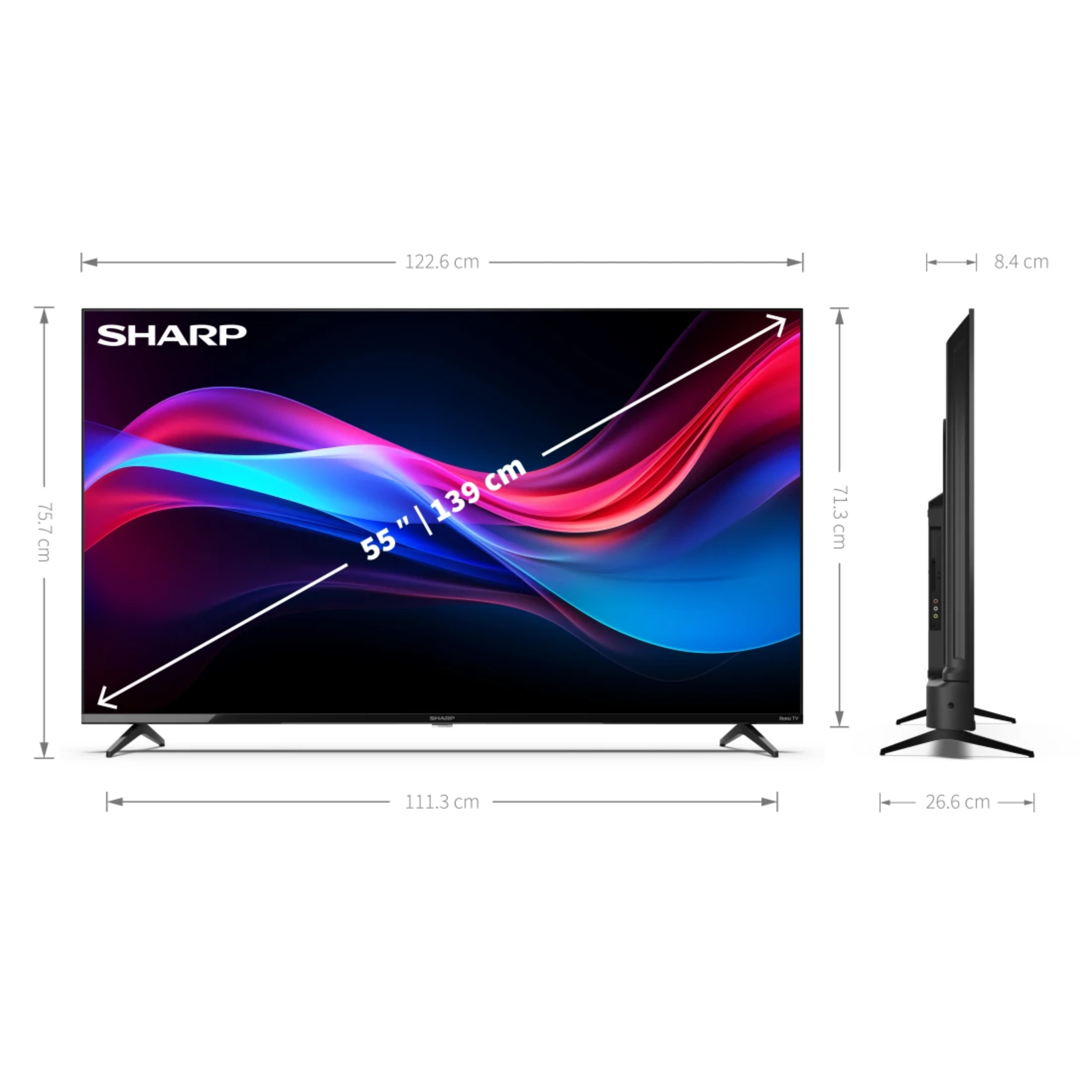 Ein 55-Zoll-SHARP-Fernseher mit Abmessungen und einem schwarzen Ständer.
