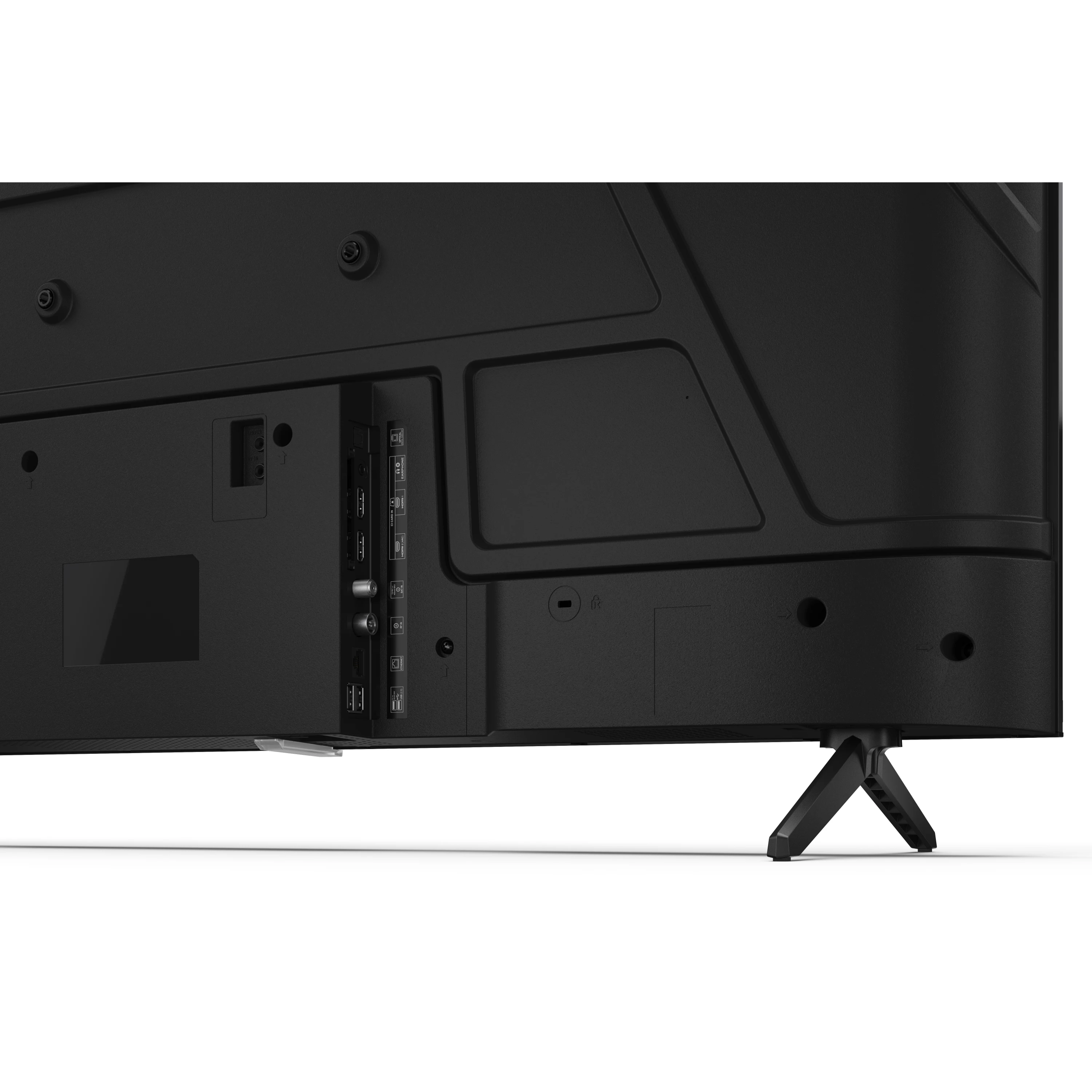 Widok z tyłu czarnego telewizora z portami i stojakiem. Białe tło.