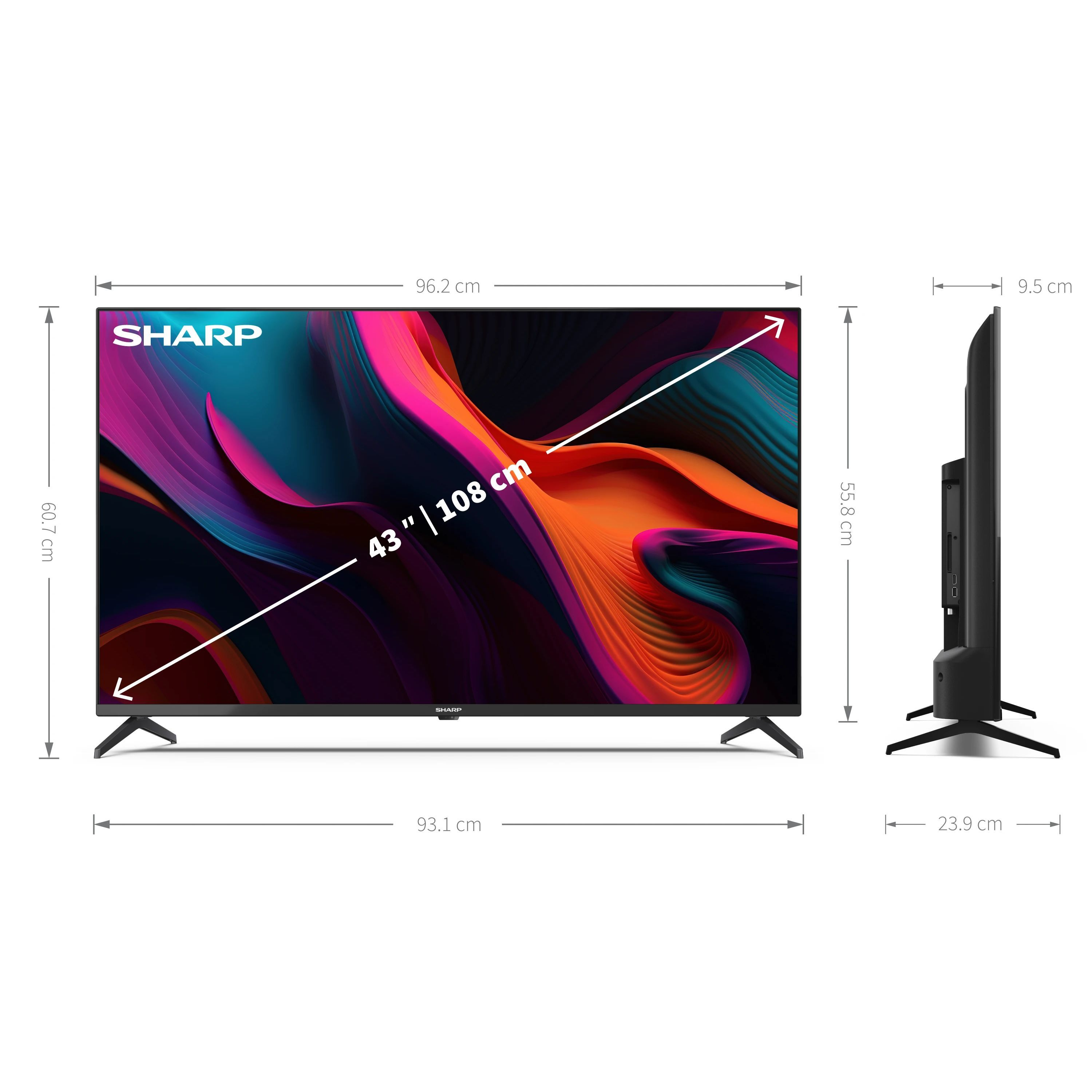 A black Sharp TV with dimensions displayed. Side view shows thickness.