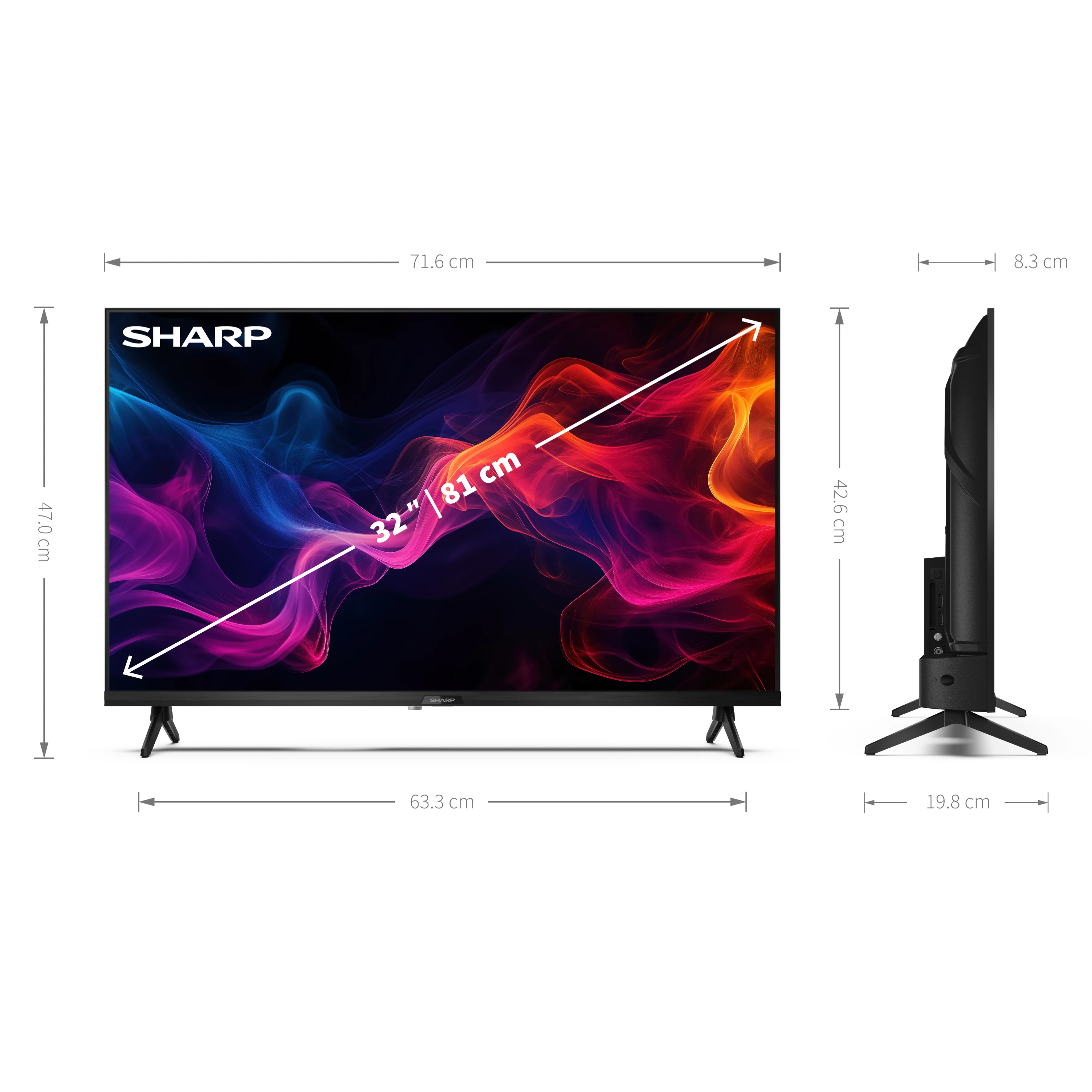 Un televisore nero con dimensioni etichettate, che mostra un display colorato, su sfondo bianco.