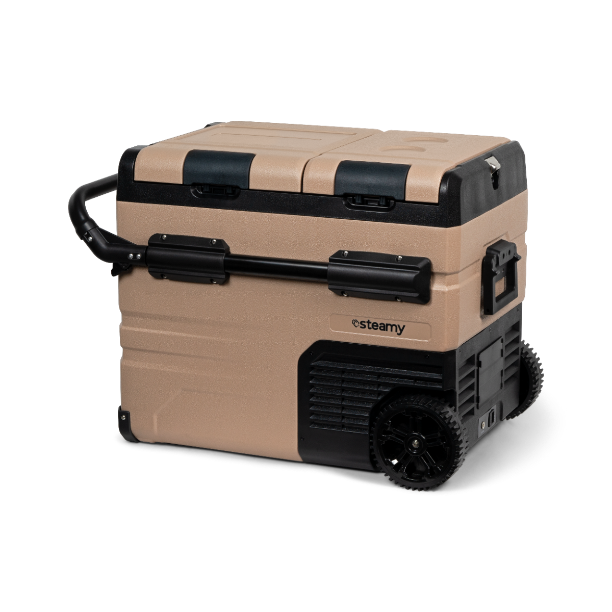 Beige und schwarze Kühlbox mit Rädern und einem Griff. Der Markenname 'steamy' ist sichtbar.