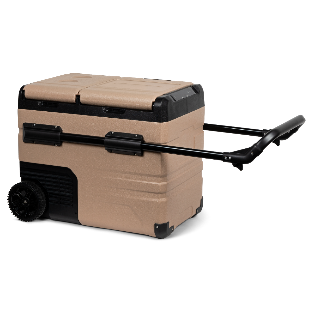 Beige und schwarze Kühlbox mit Rädern und Griff. Es ist auf schwarzem Hintergrund.