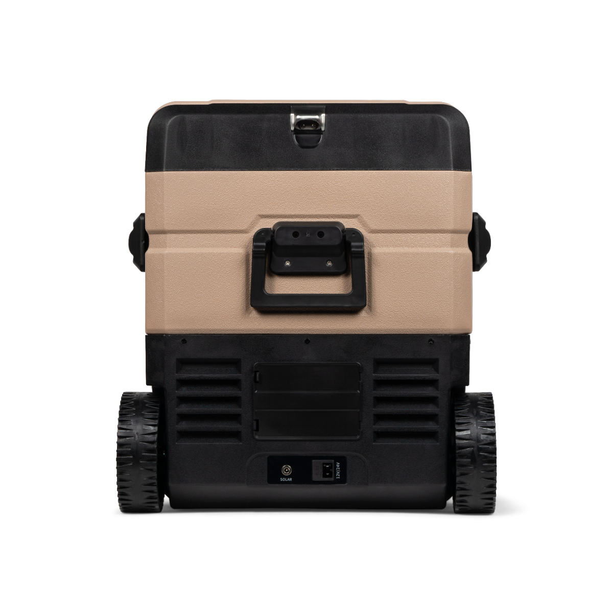 Eine Kühlbox mit Rädern und einem Griff. Sie hat schwarze und beige Abschnitte. Die Rückseite hat eine Steckdose und Solarpanel-Option.