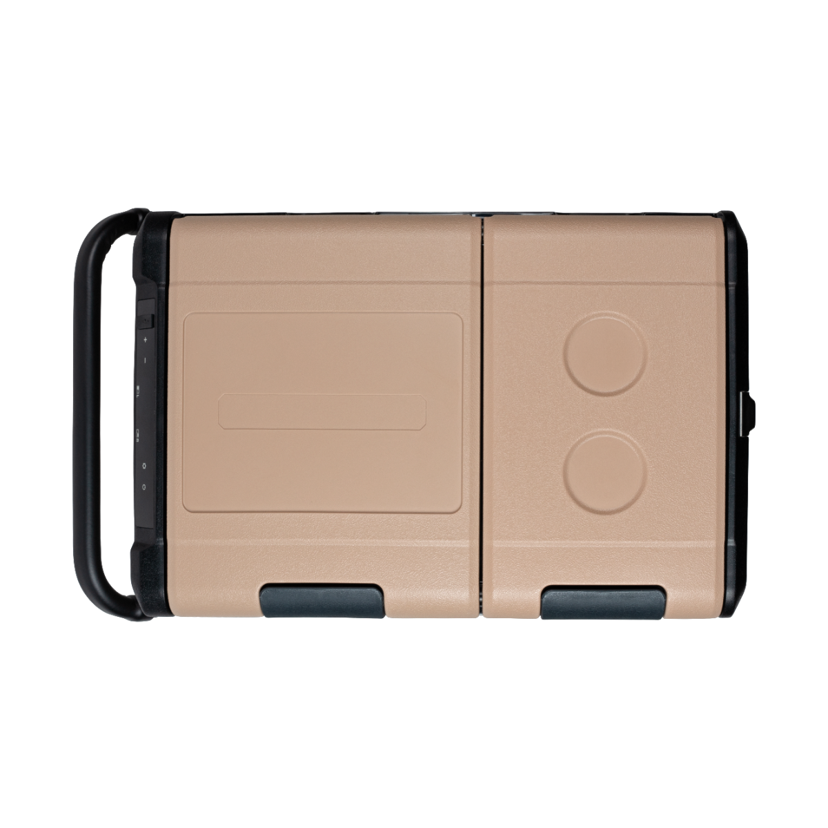 Eine beige Kühlbox mit Griff oben und zwei runden Knöpfen.