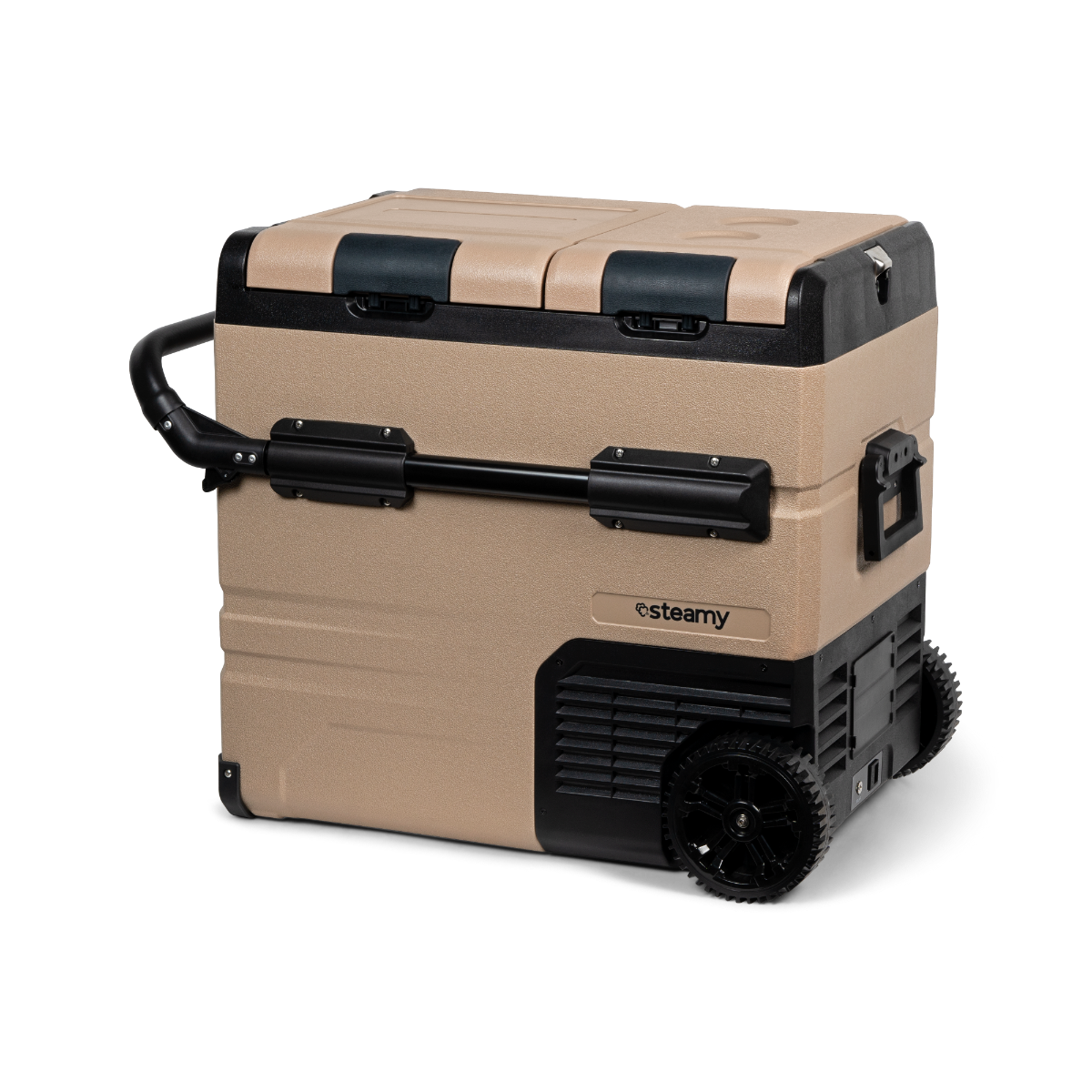 Beige-schwarze Kühlbox mit Rädern und Griff, auf dunklem Hintergrund. Steamy-Logo sichtbar.