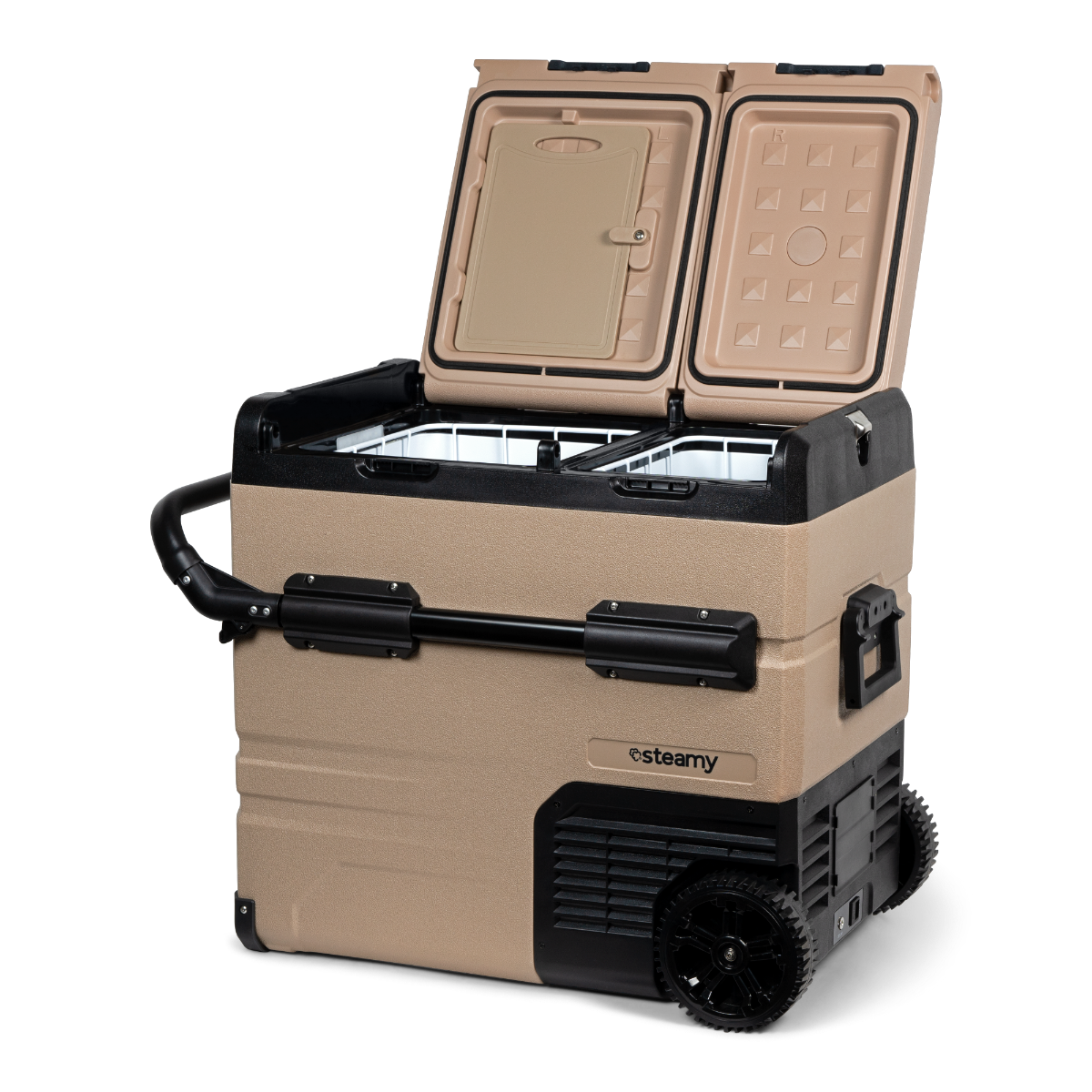 Eine tragbare Kühlbox mit zwei offenen Fächern. Die Kühlbox ist beige mit schwarzen Akzenten und Rädern.