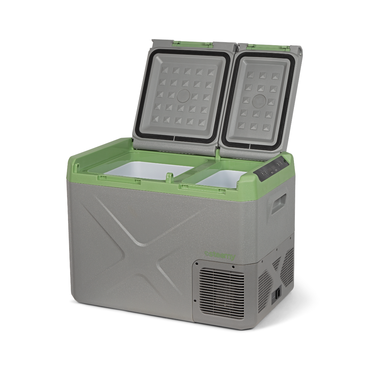 Grau-grüne Kühlbox mit zwei Fächern, offen, mit digitaler Anzeige.