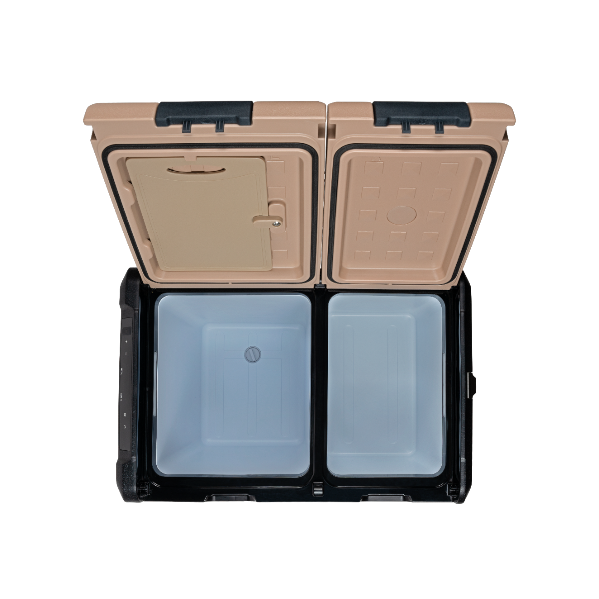 Eine offene Kühlbox. Sie ist beige und schwarz. Sie hat zwei Fächer.