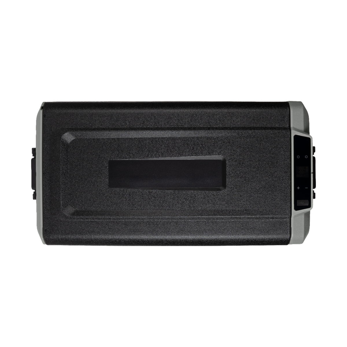 Une glacière portable noire avec un panneau de commande sur le côté droit, sur fond noir.