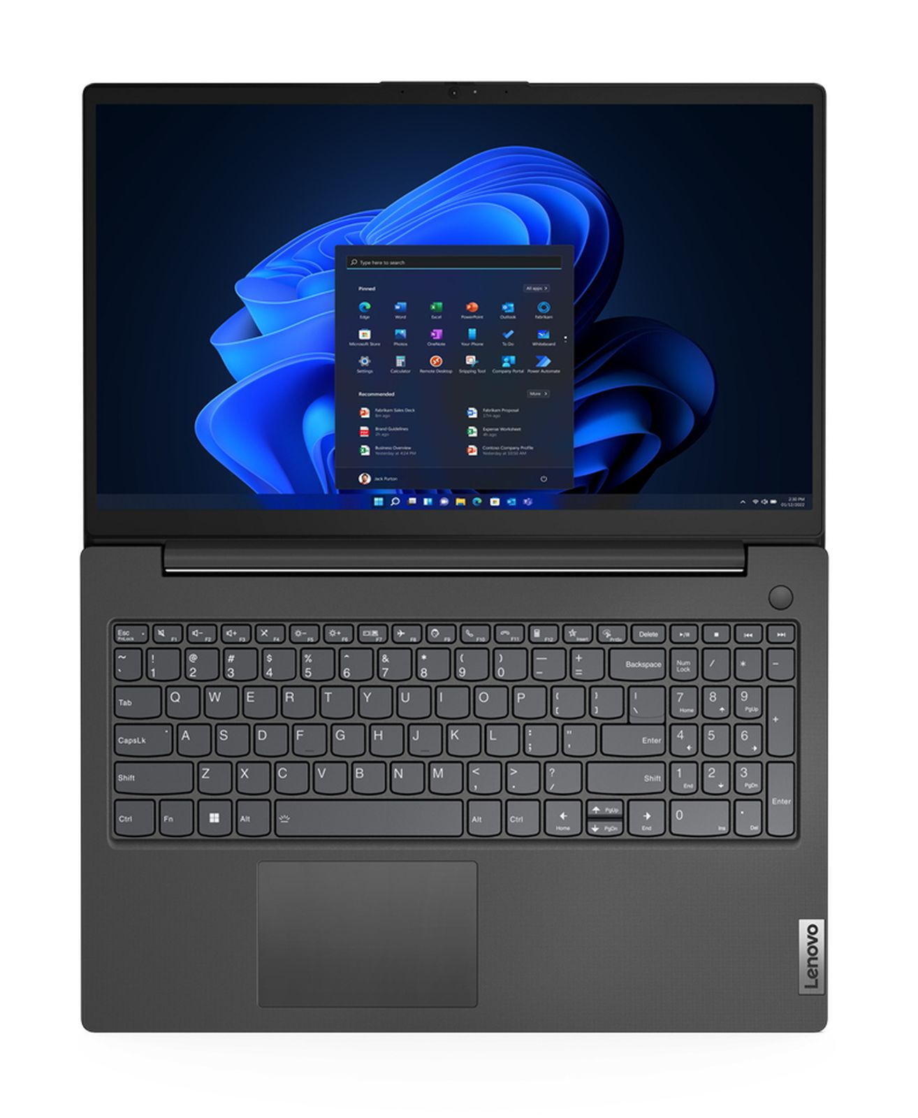 Laptop Lenovo, otwarty, wyświetlający pulpit systemu Windows 11.