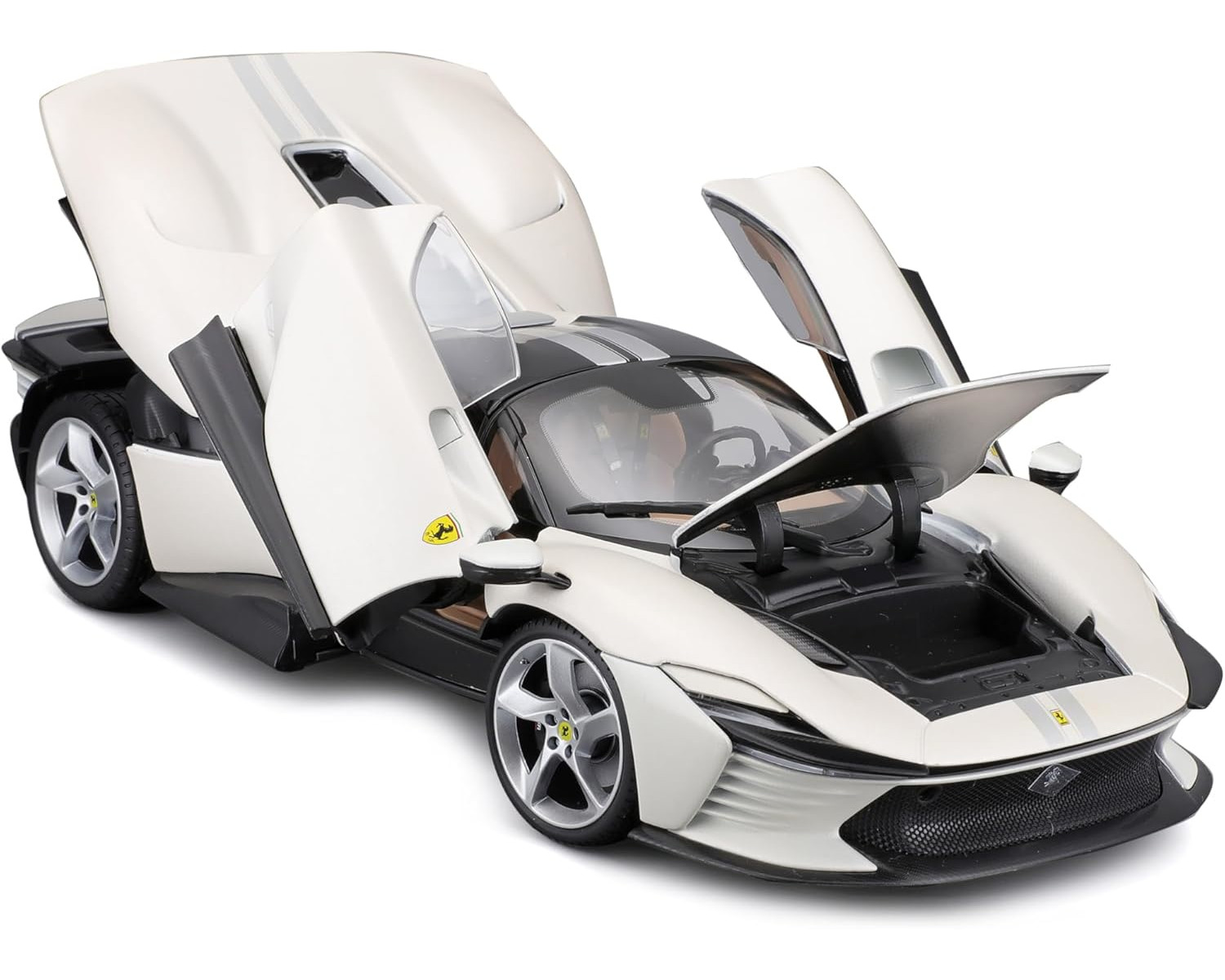 Weißes Ferrari-Modellauto mit geöffneten Türen, schwarz-weißes Detail.