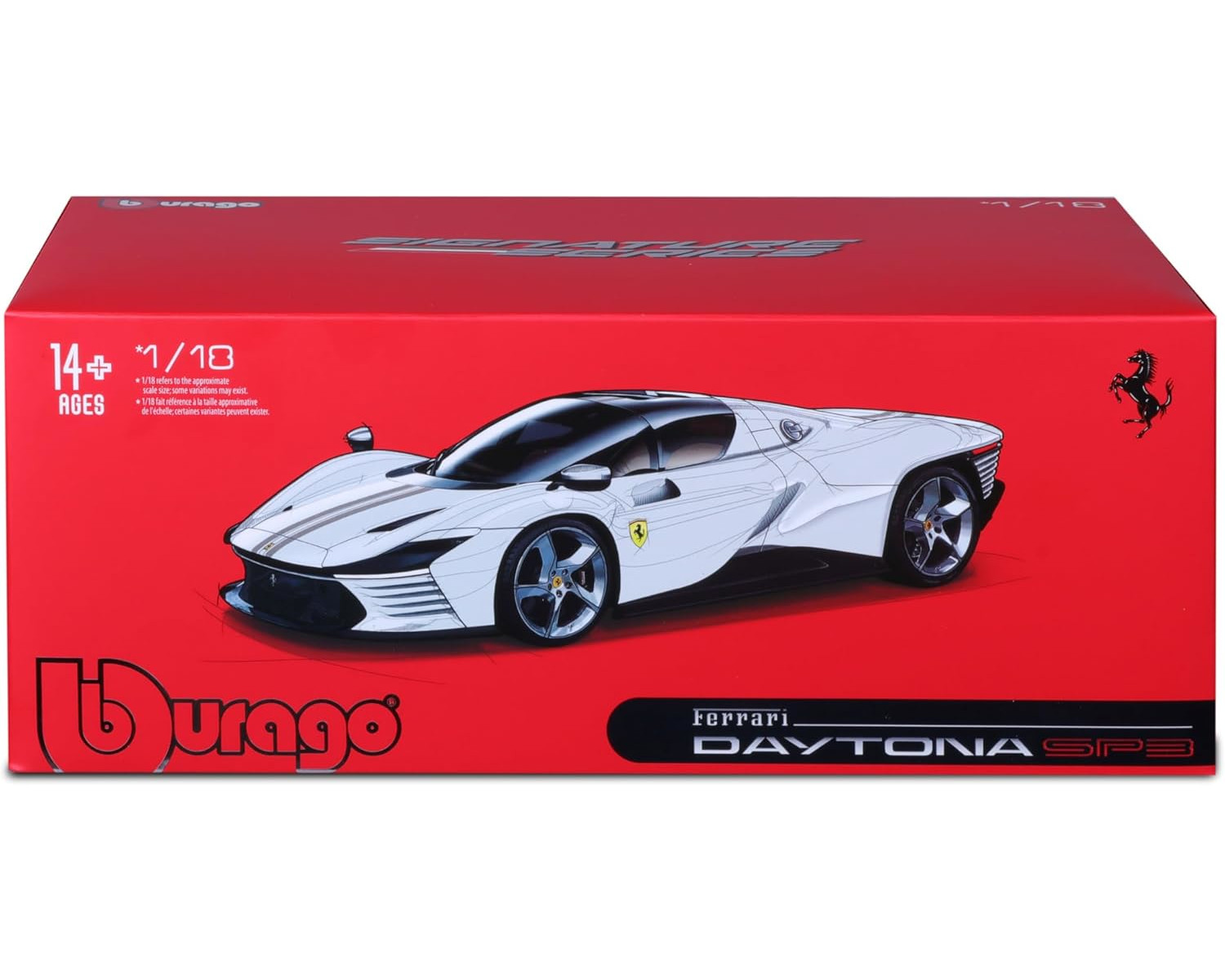 Weiß-rote Box mit einer weißen Sportwagen-Illustration und Text: Ferrari Daytona SP3.