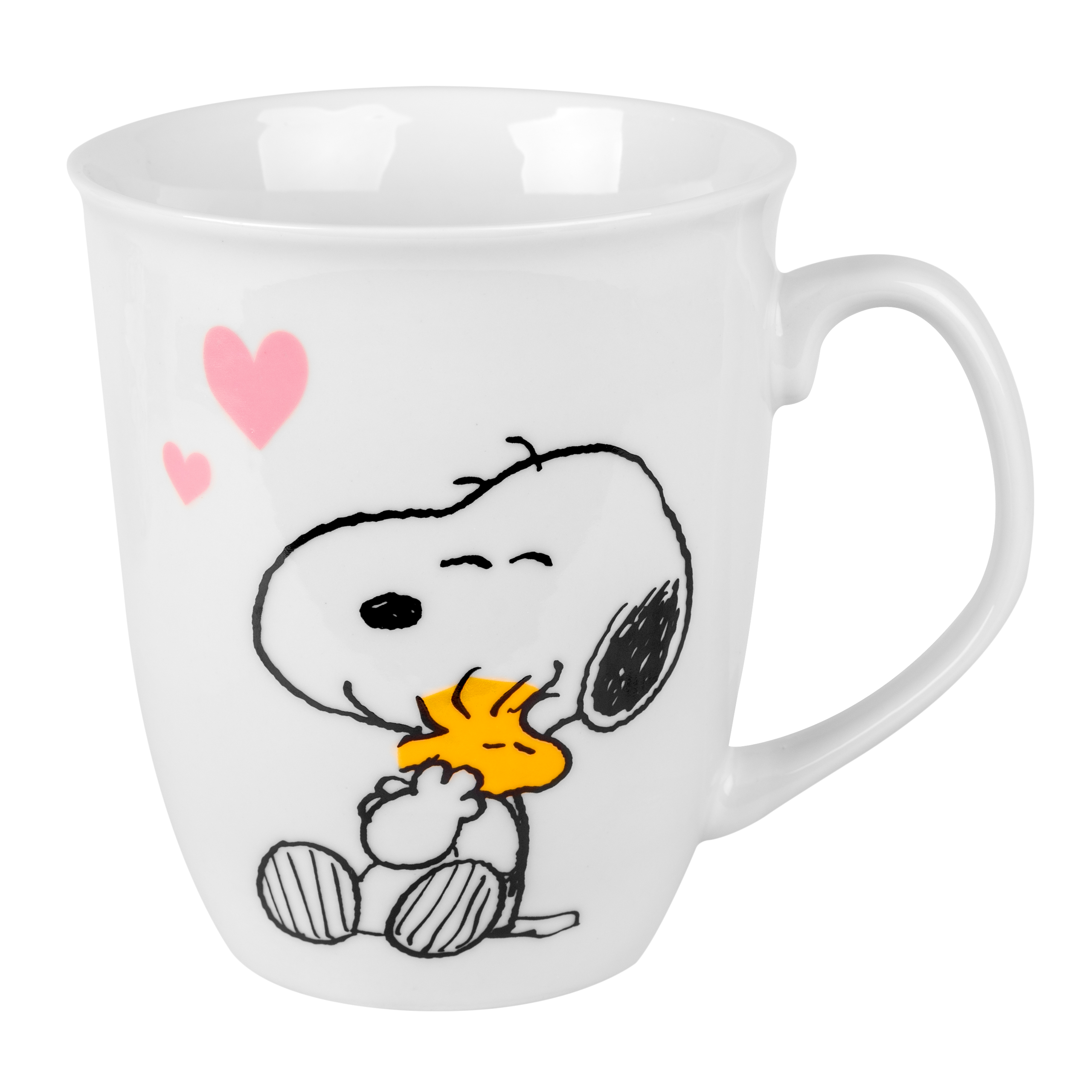Ein weißer Becher mit Snoopy, der Woodstock umarmt, und zwei rosa Herzen. Er steht auf weißem Hintergrund.