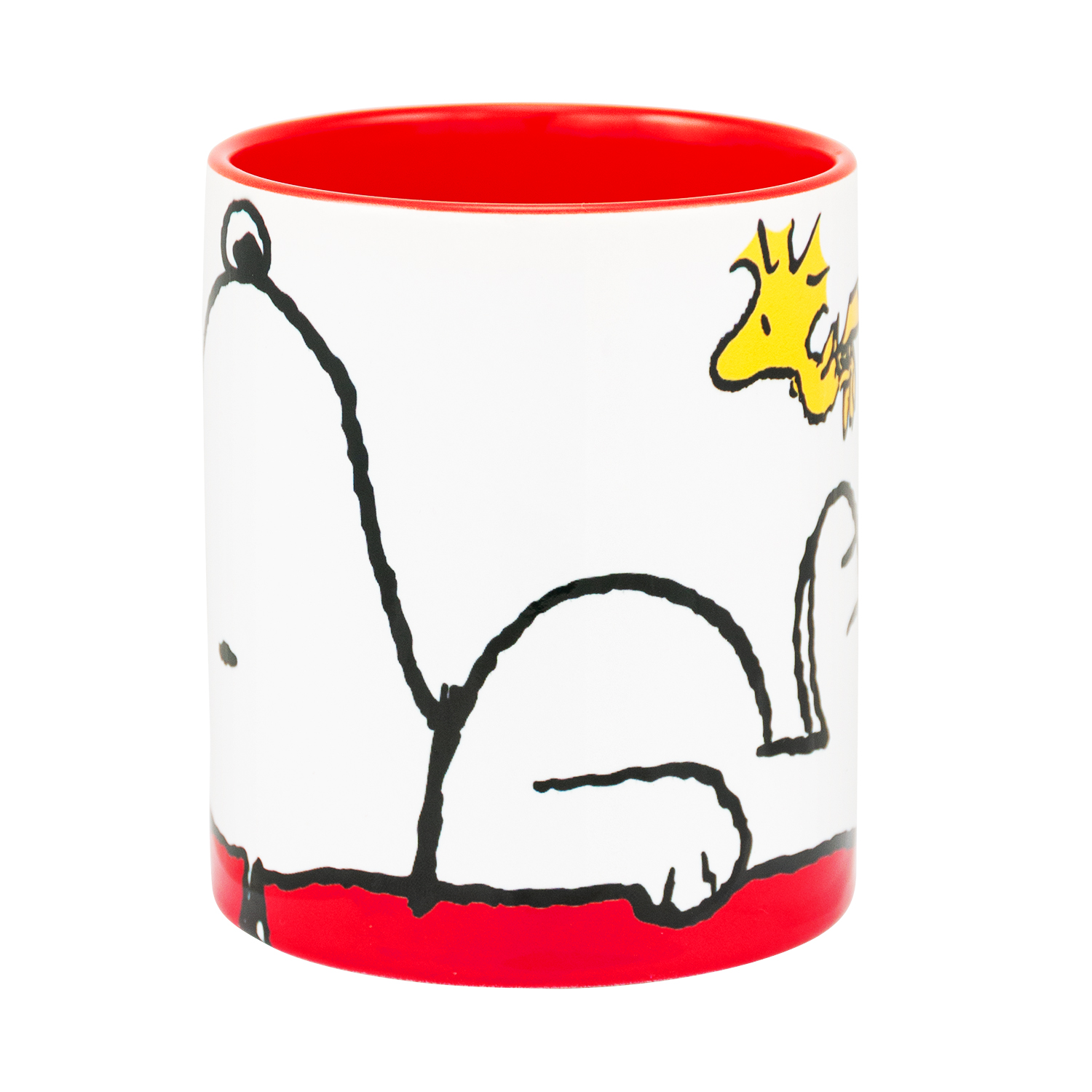 Tasse mit liegendem Snoopy, gelber Vogel rechts oben, roter Innenraum.