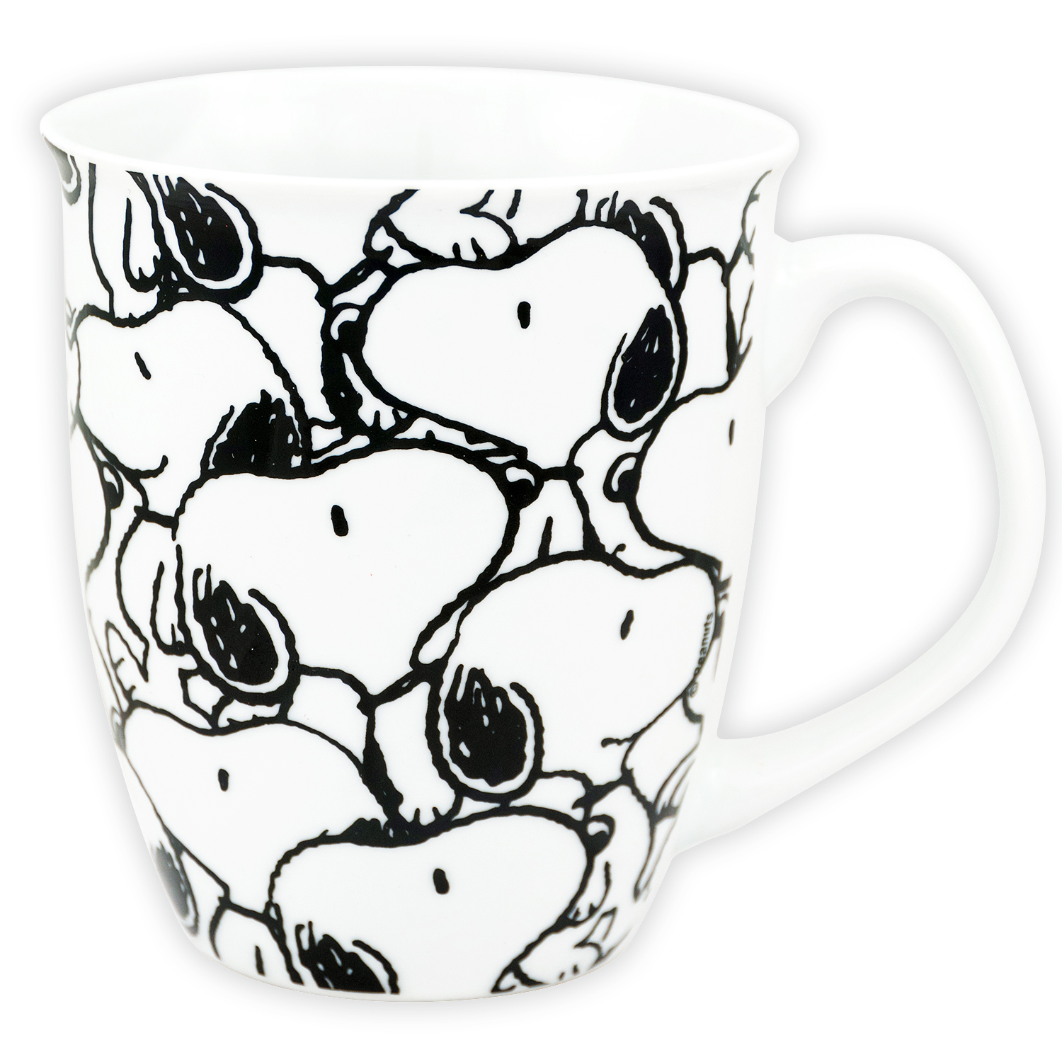 Tasse mit Snoopy-Gesichtern. Weiß mit schwarzen Snoopy-Zeichnungen und einem weißen Griff.