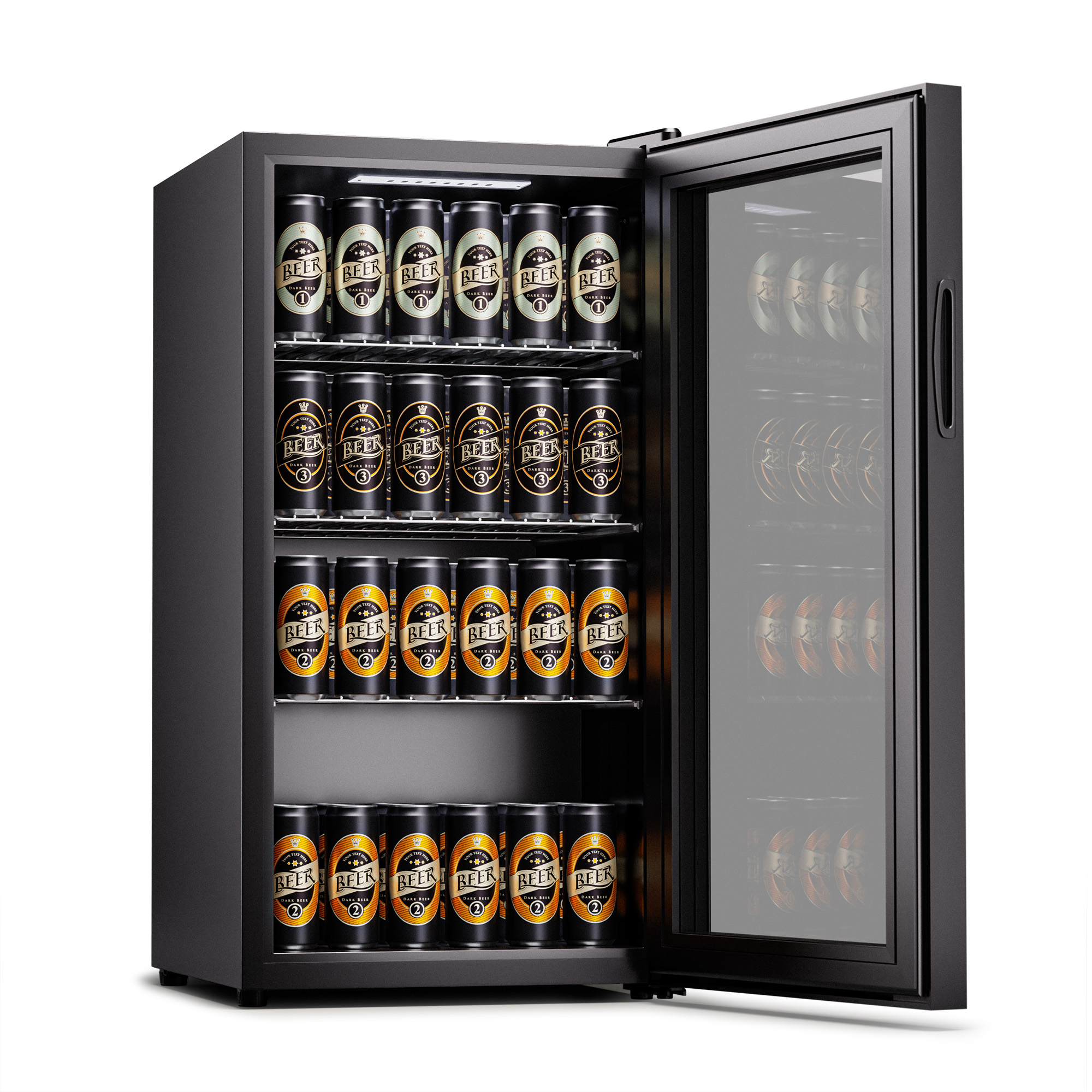 Ein schwarzer Minikühlschrank mit offener Tür, gefüllt mit Bierdosen.