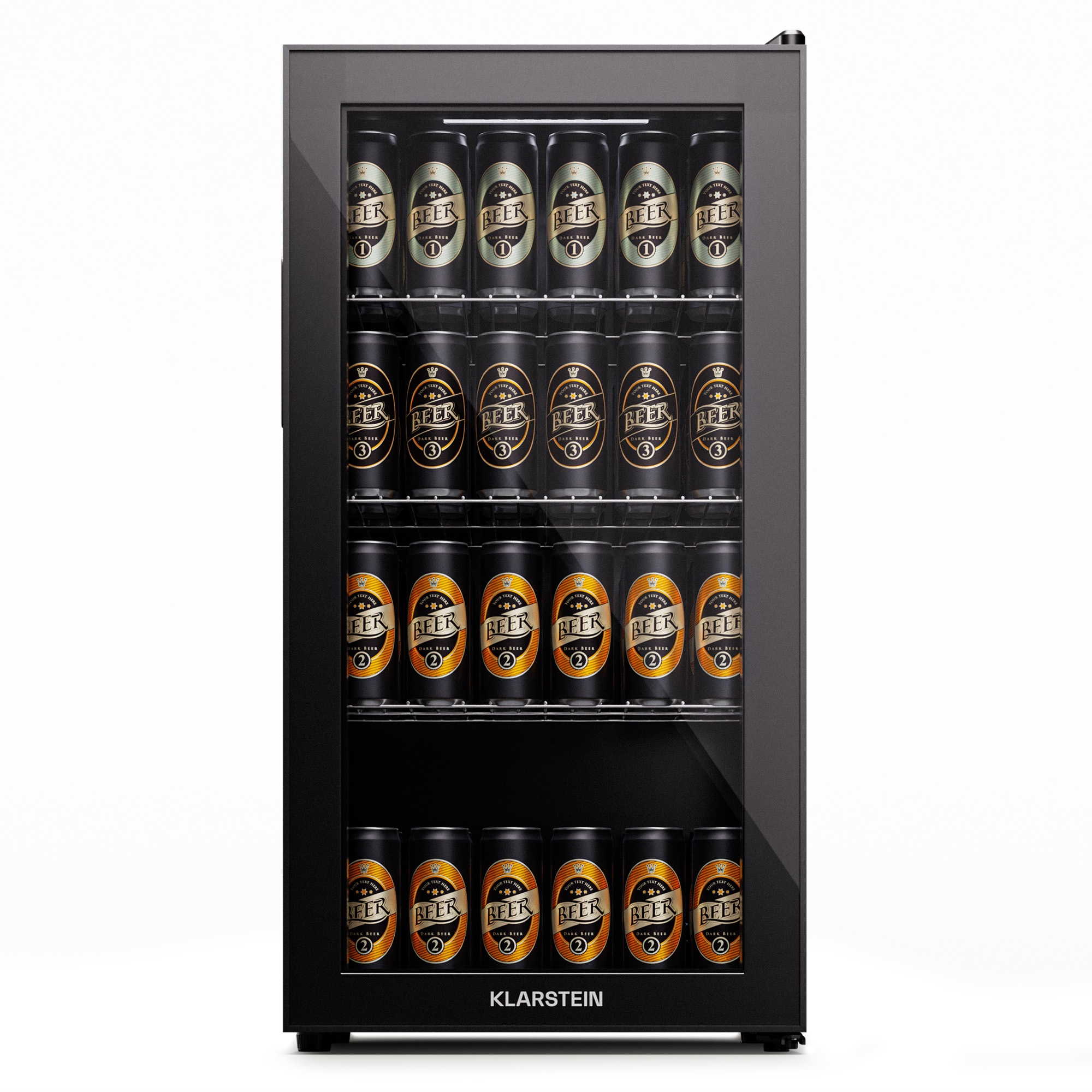 Kühlschrank mit Bierdosen. Schwarz-silbernes Design. Glastür.