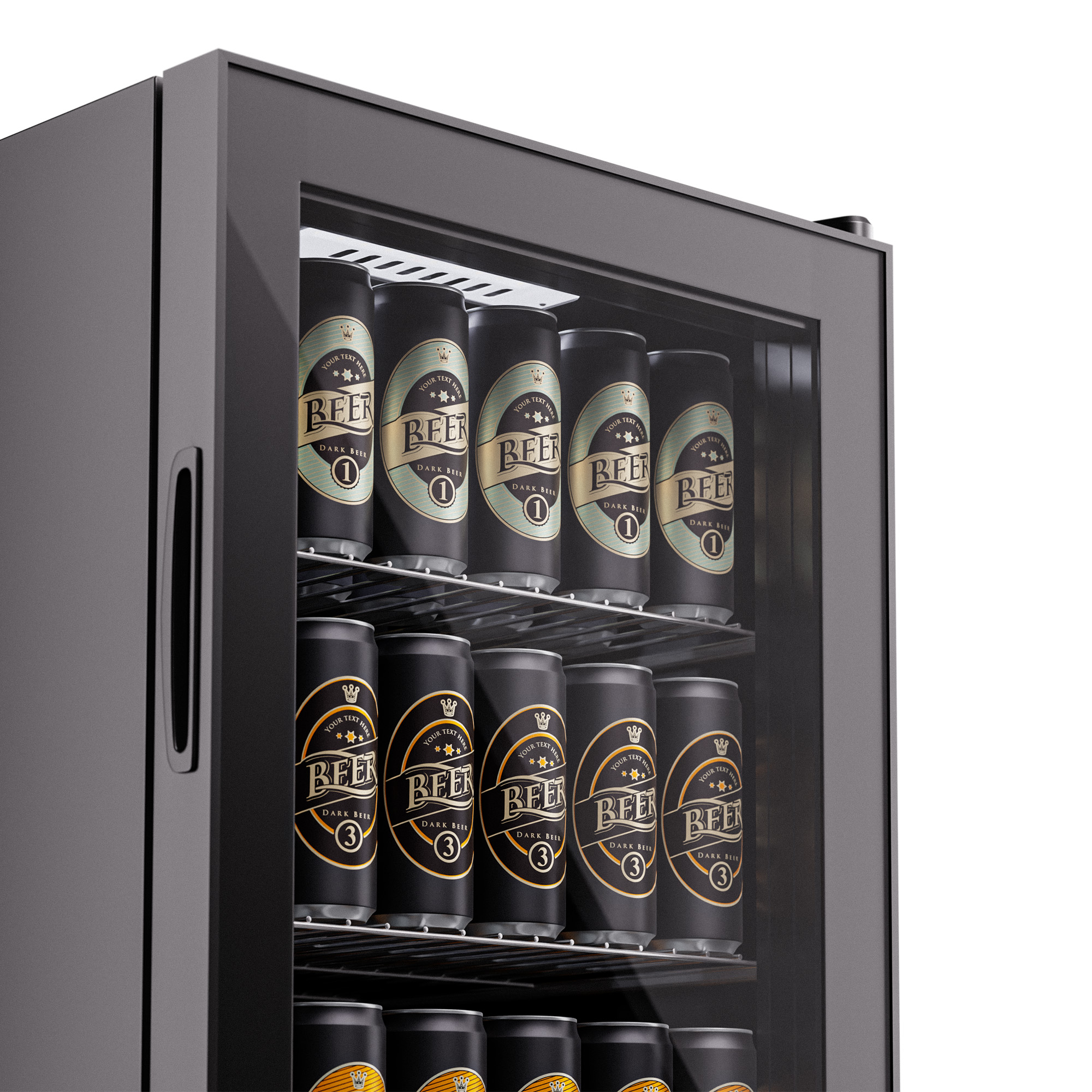 Ein schwarzer Kühlschrank mit Glastür, gefüllt mit Bierdosen verschiedener Designs.