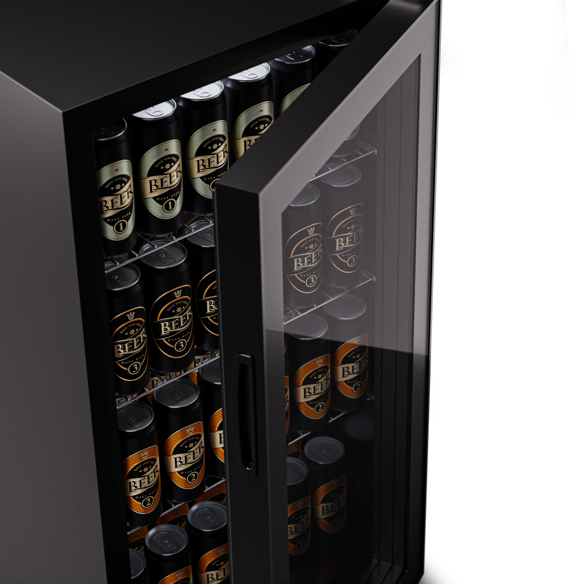 Schwarzer Mini-Kühlschrank mit Glastür, gefüllt mit Bierdosen.