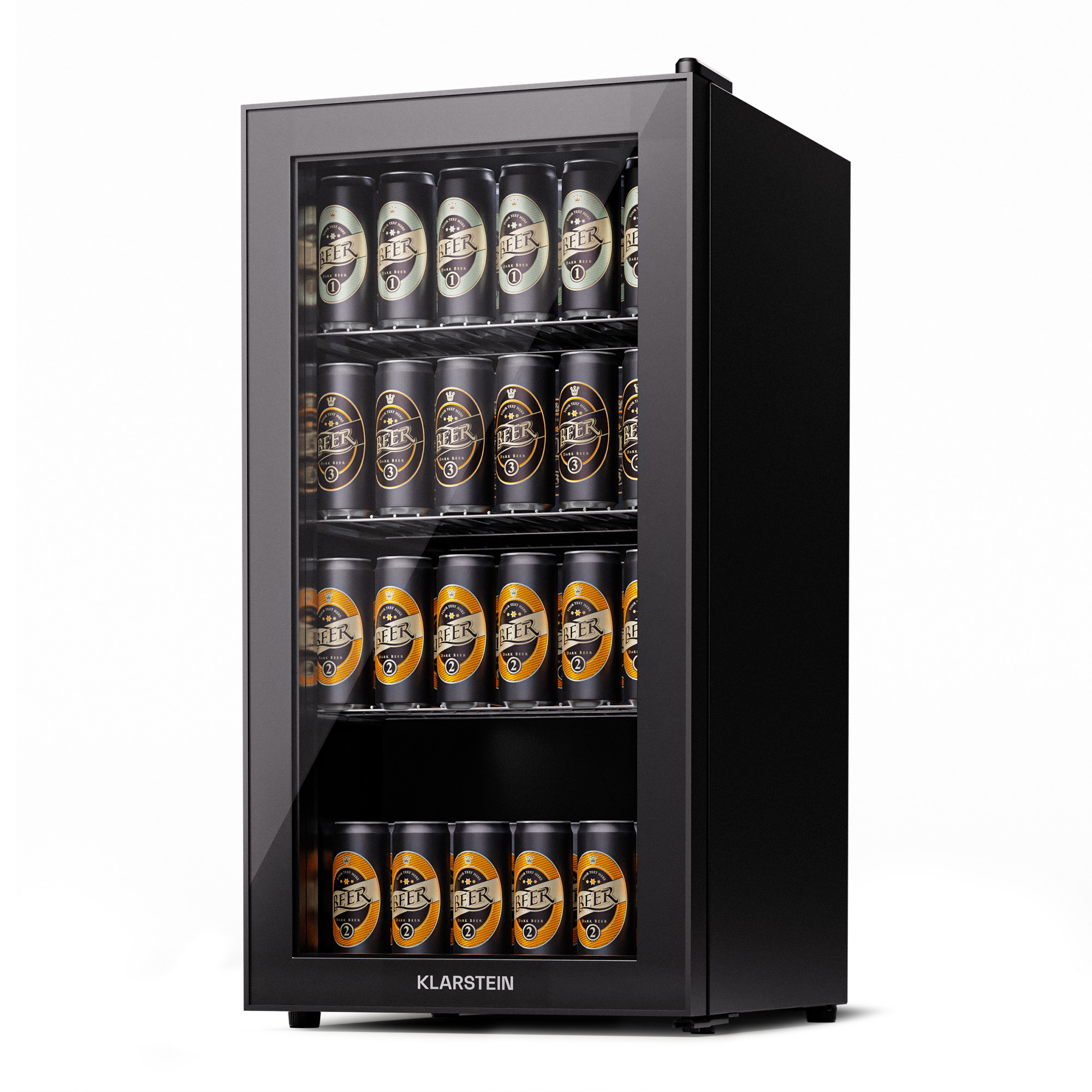 Schwarzer Mini-Kühlschrank mit Glastür, gefüllt mit Bierdosen.