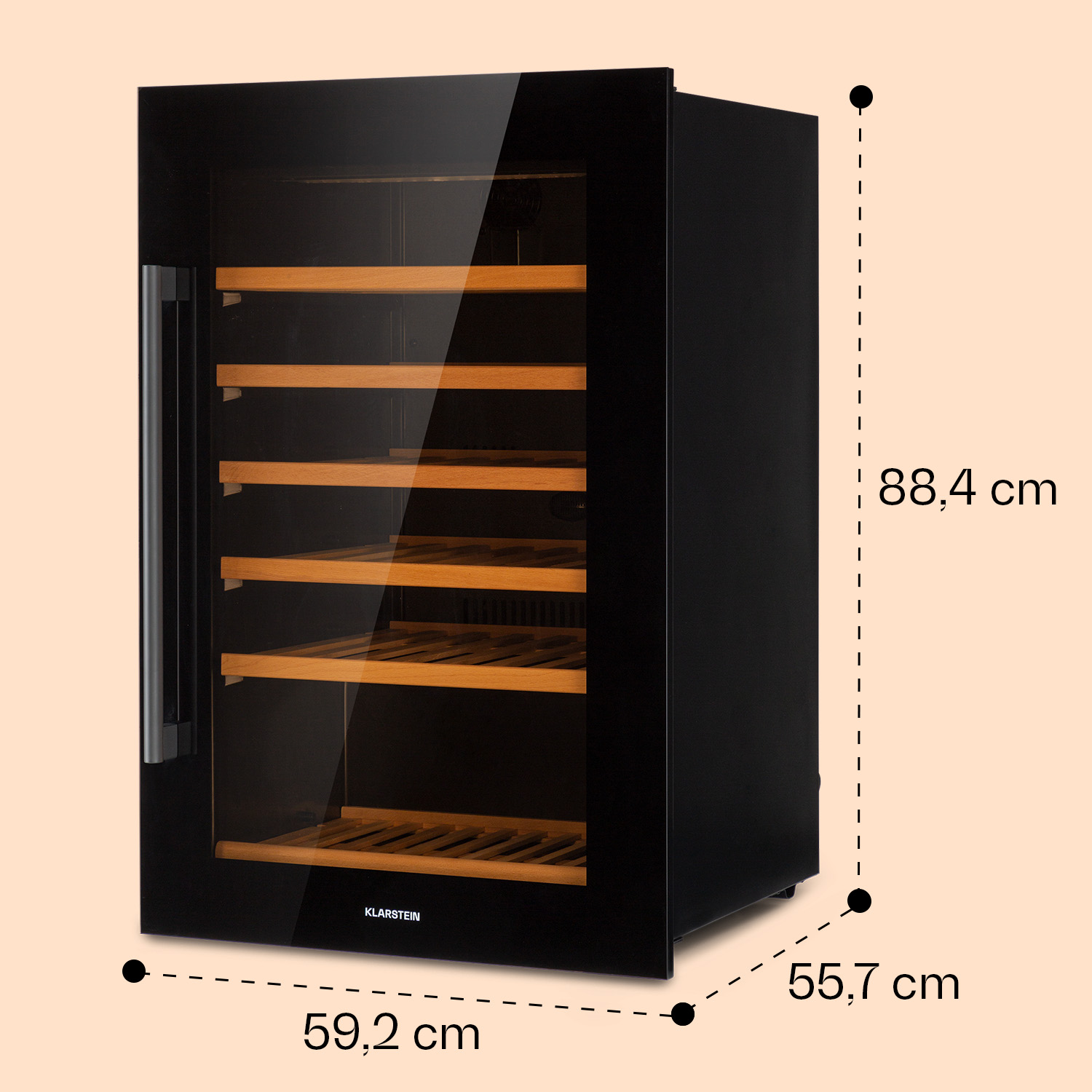 Ein schwarzer Weinkühler mit Maßen. Er ist 88,4 cm hoch, 59,2 cm breit und 55,7 cm tief.
