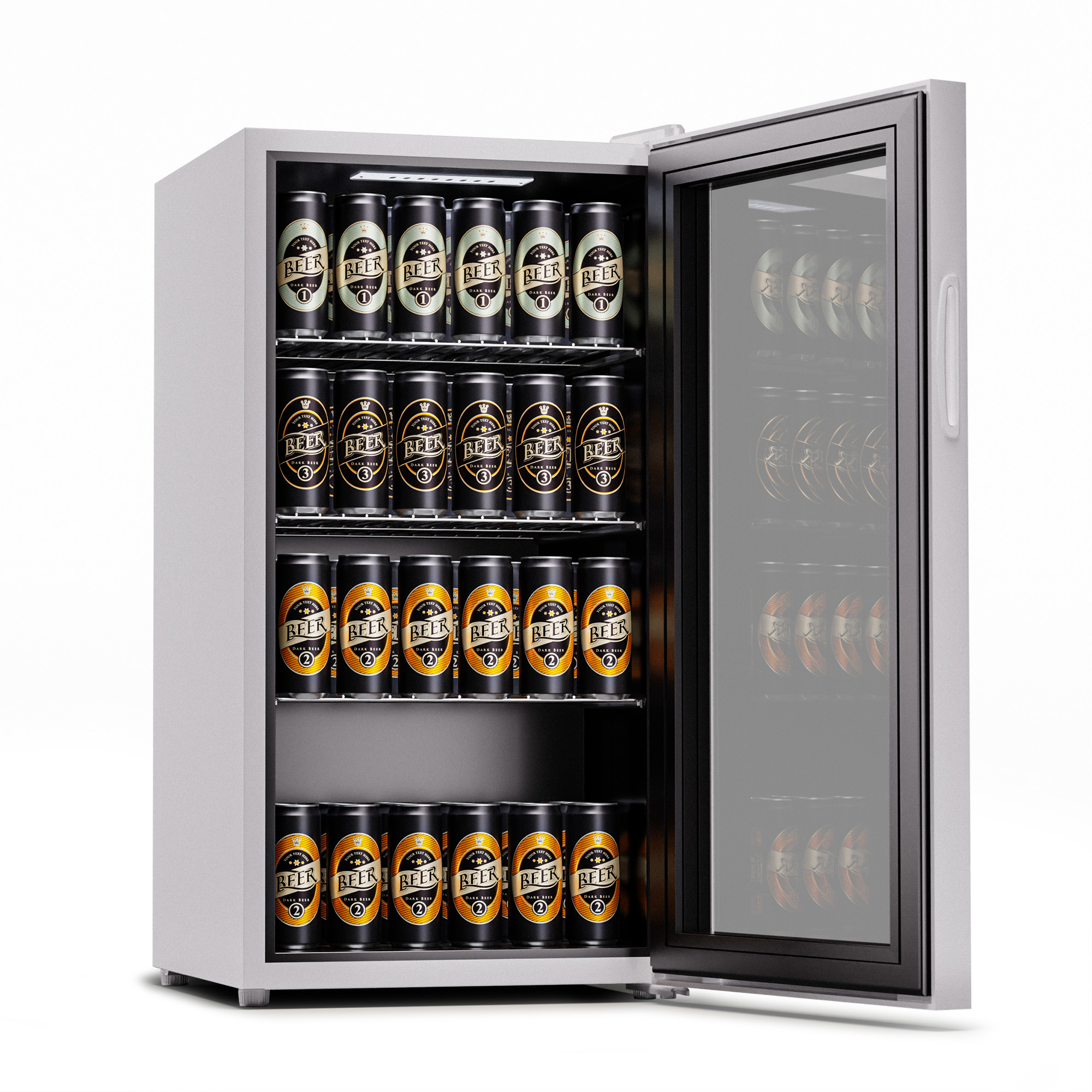 Una mininevera blanca con puerta de cristal llena de latas de cerveza.