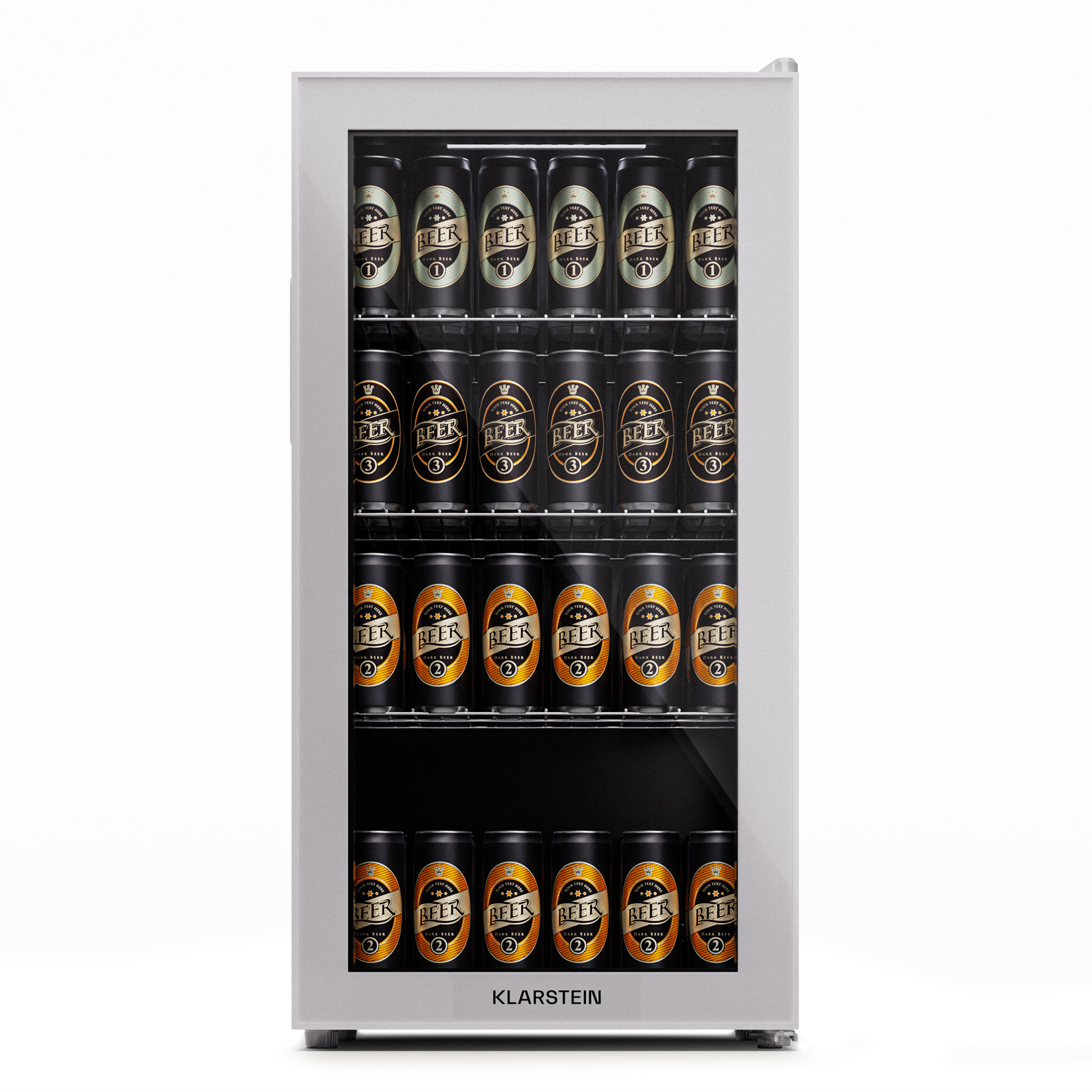 Una mini nevera llena de latas de cerveza. La nevera tiene puerta de cristal.