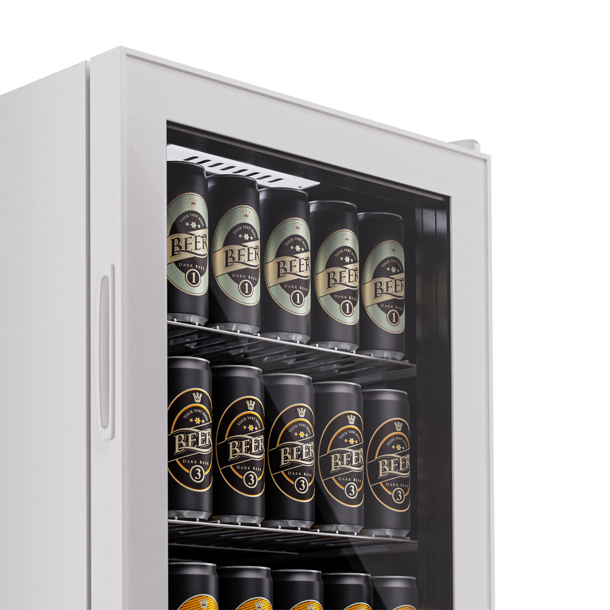 Un refrigerador blanco con puerta de vidrio lleno de latas de cerveza. Las latas de cerveza son negras y verdes.