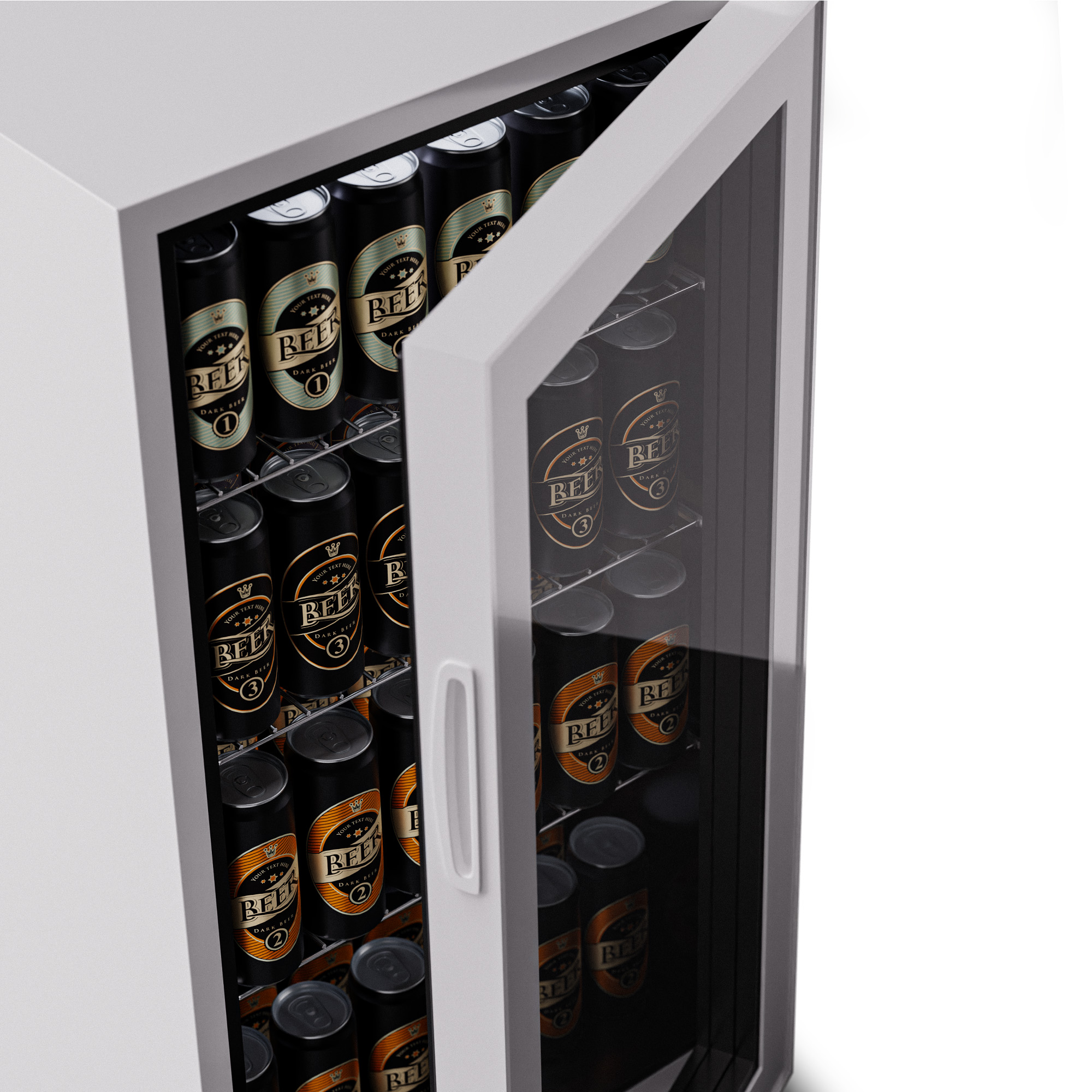 Una puerta de refrigerador está abierta, revelando muchas latas. Son en su mayoría negras con letras doradas.