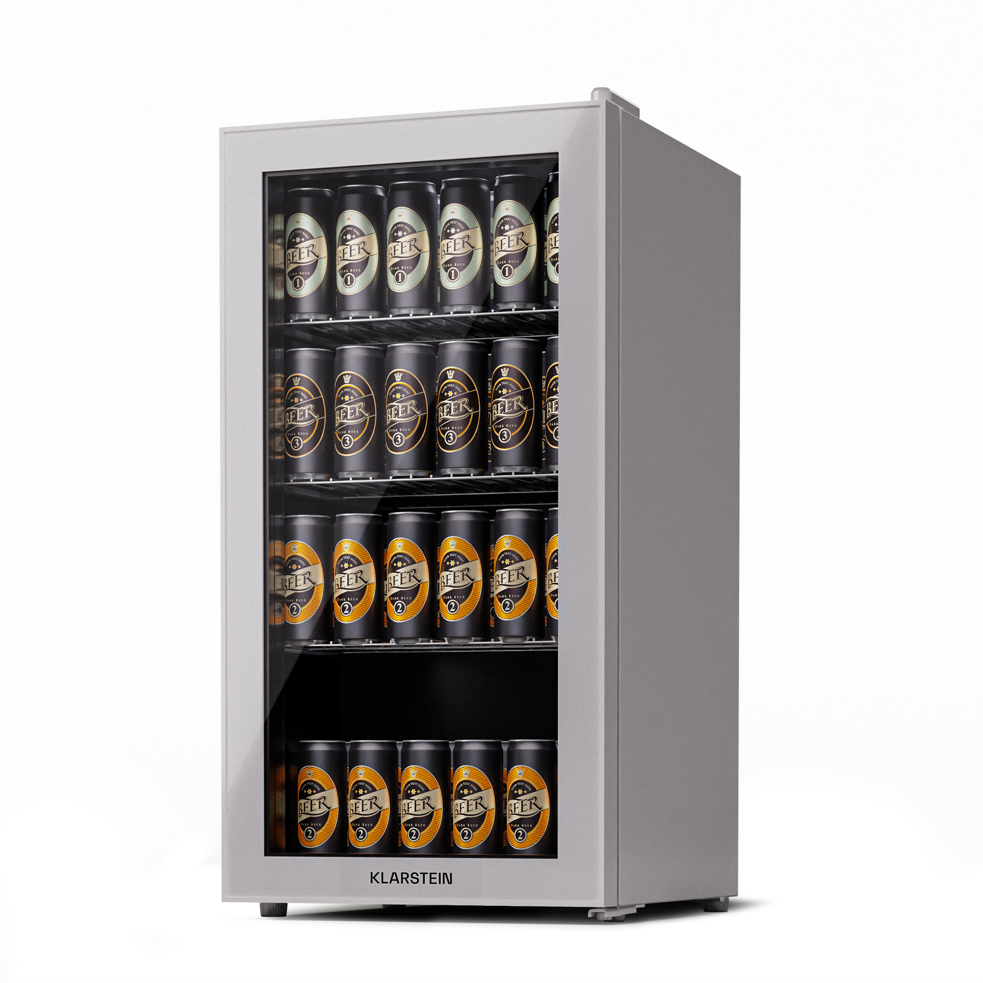 Refrigerador con latas de cerveza visibles a través de la puerta de vidrio. Exterior gris.