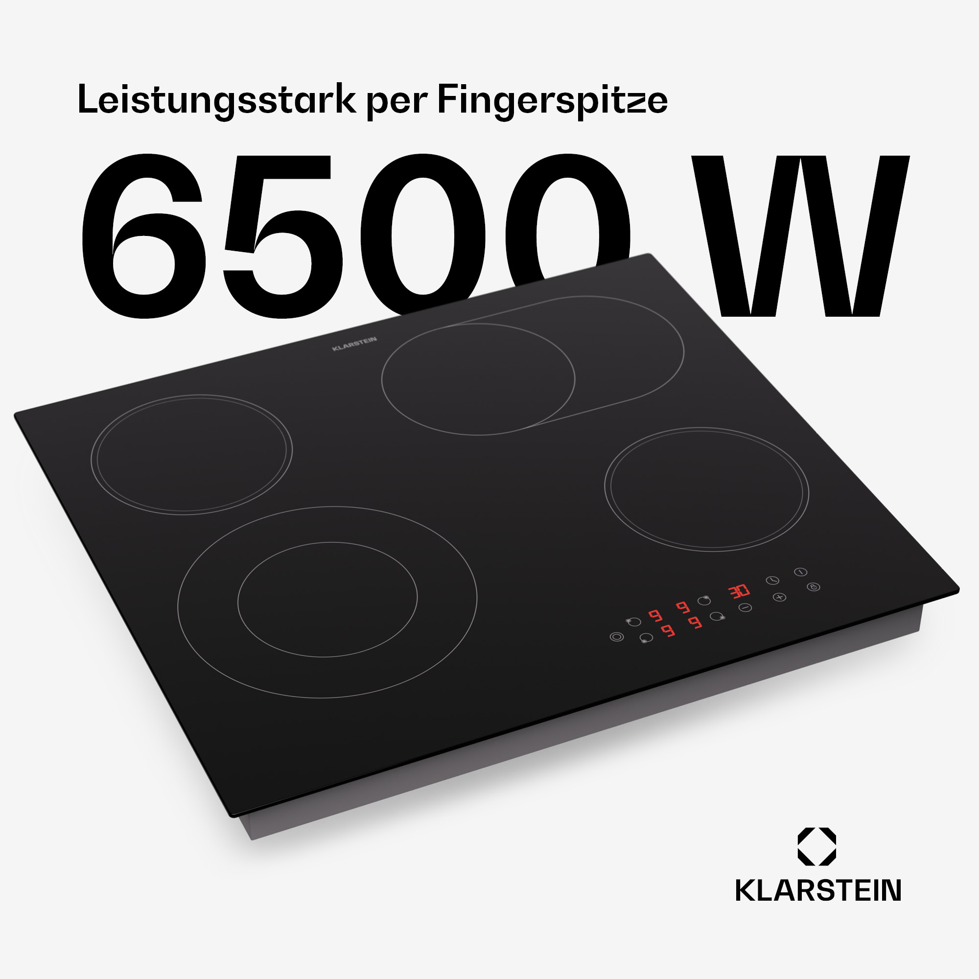 Schwarzes Induktionskochfeld mit vier Kreisen und digitaler Anzeige. 6500W.