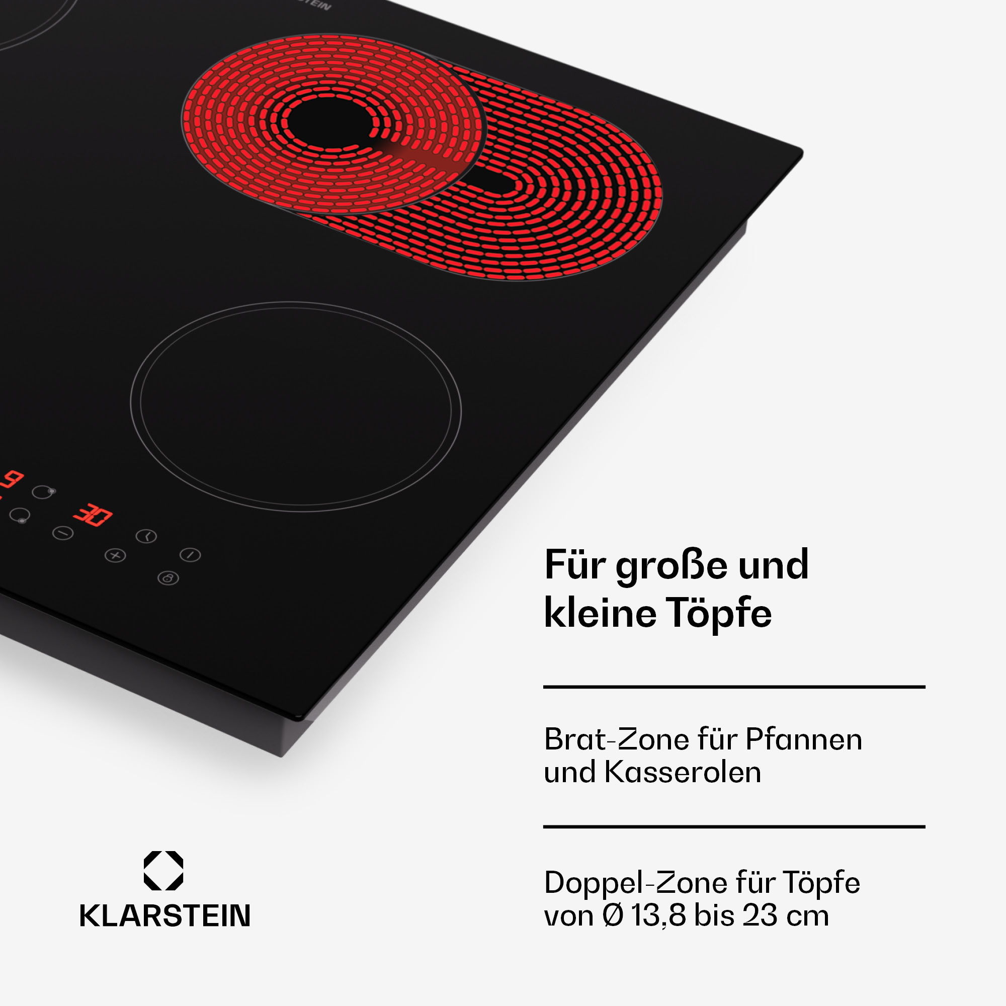 Ein schwarzes Kochfeld mit roten Heizelementen und Text: Für große und kleine Töpfe. Brat-Zone für Pfannen.