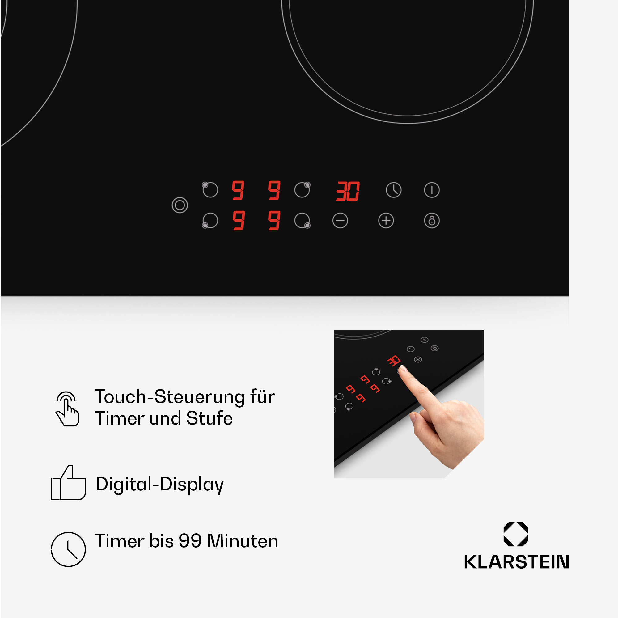 Ein schwarzes Induktionskochfeld mit Digitalanzeige und Touch-Bedienelementen.