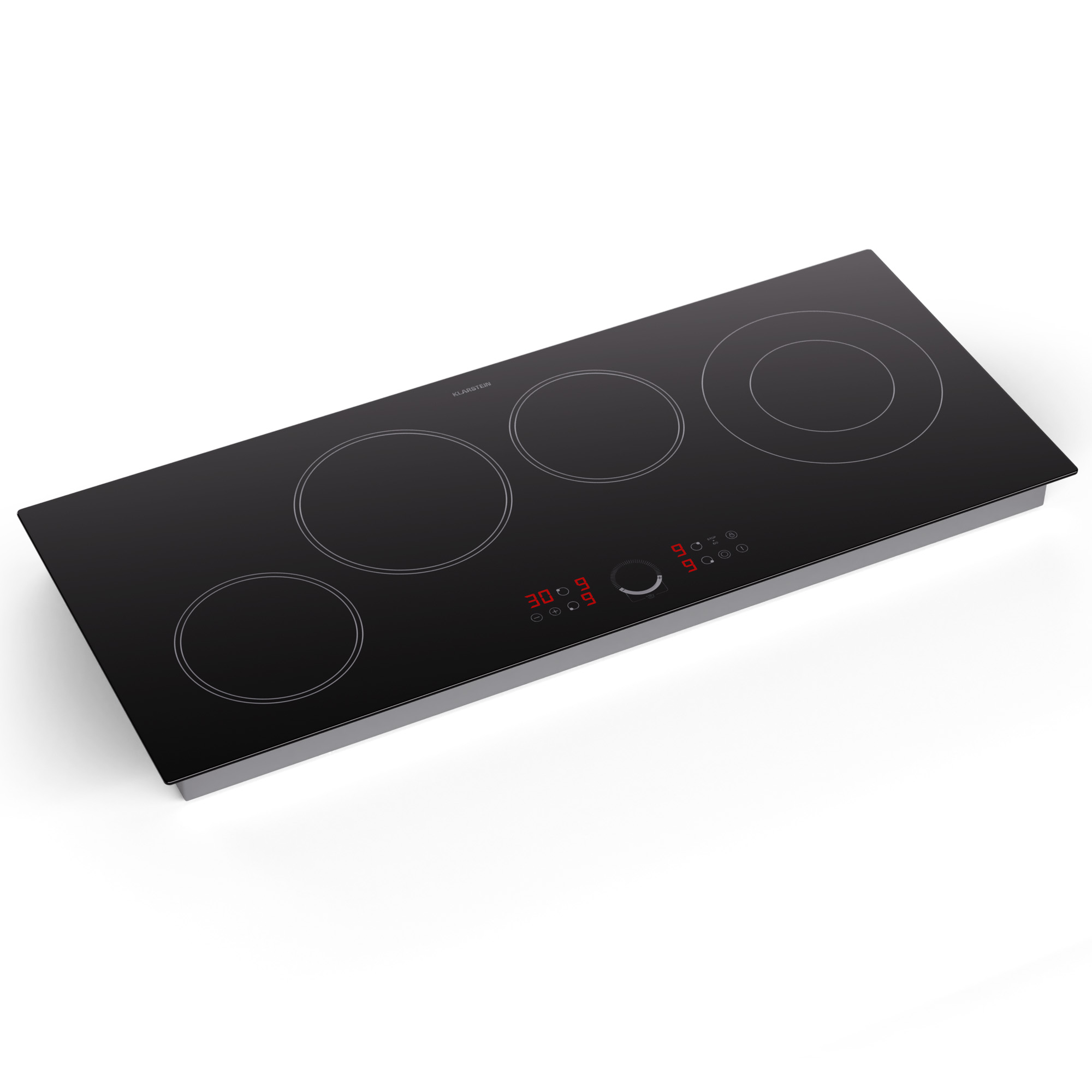 Placa de cocina negra con cuatro quemadores y pantalla digital roja.