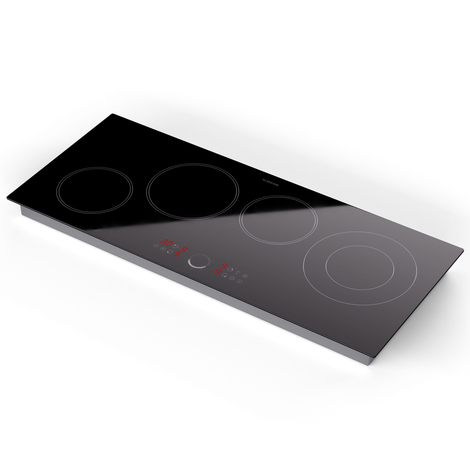 Placa de inducción negra con cuatro zonas de cocción circulares y pantalla digital sobre fondo blanco.