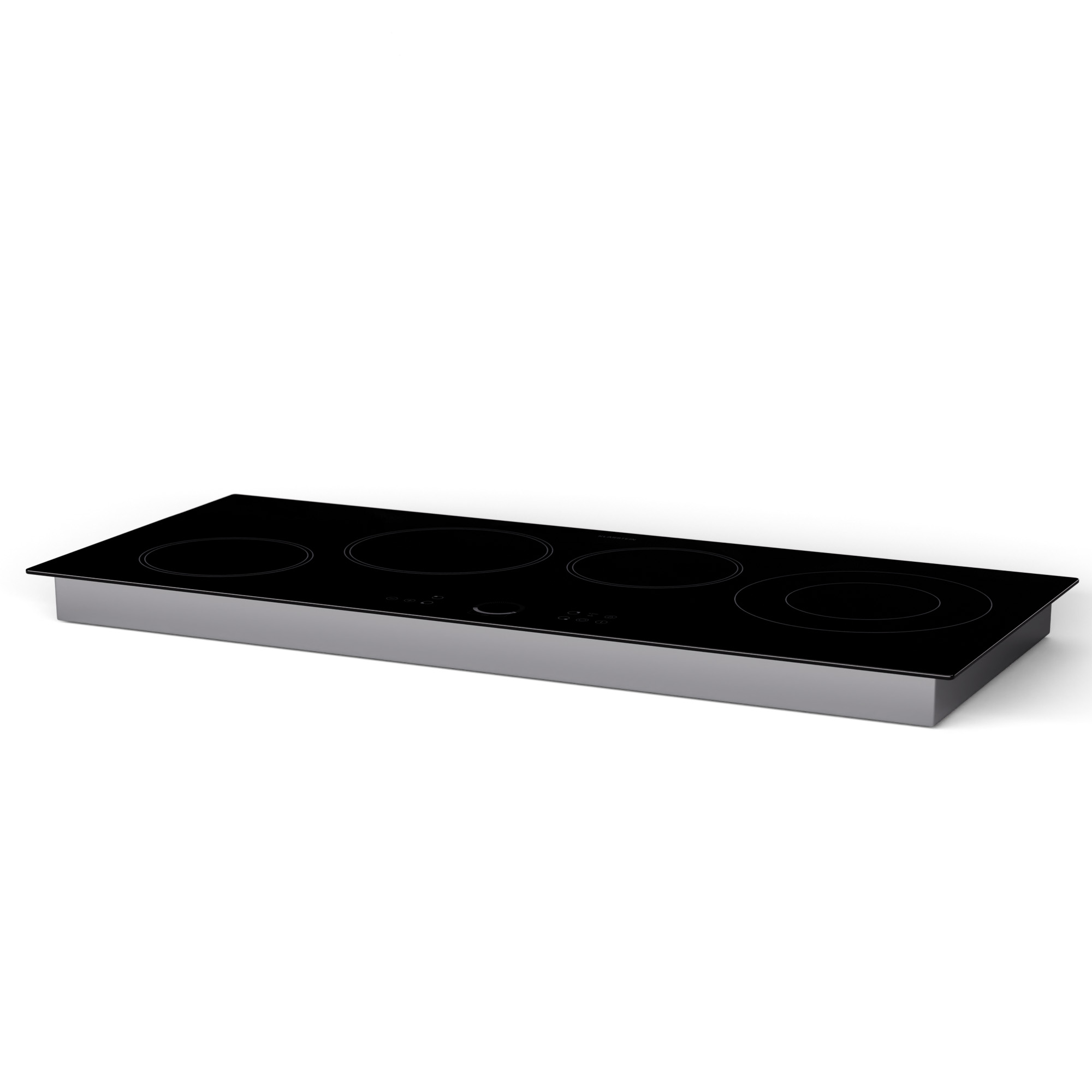 Placa de cocina eléctrica negra con cuatro quemadores, sobre una base gris, fondo blanco.