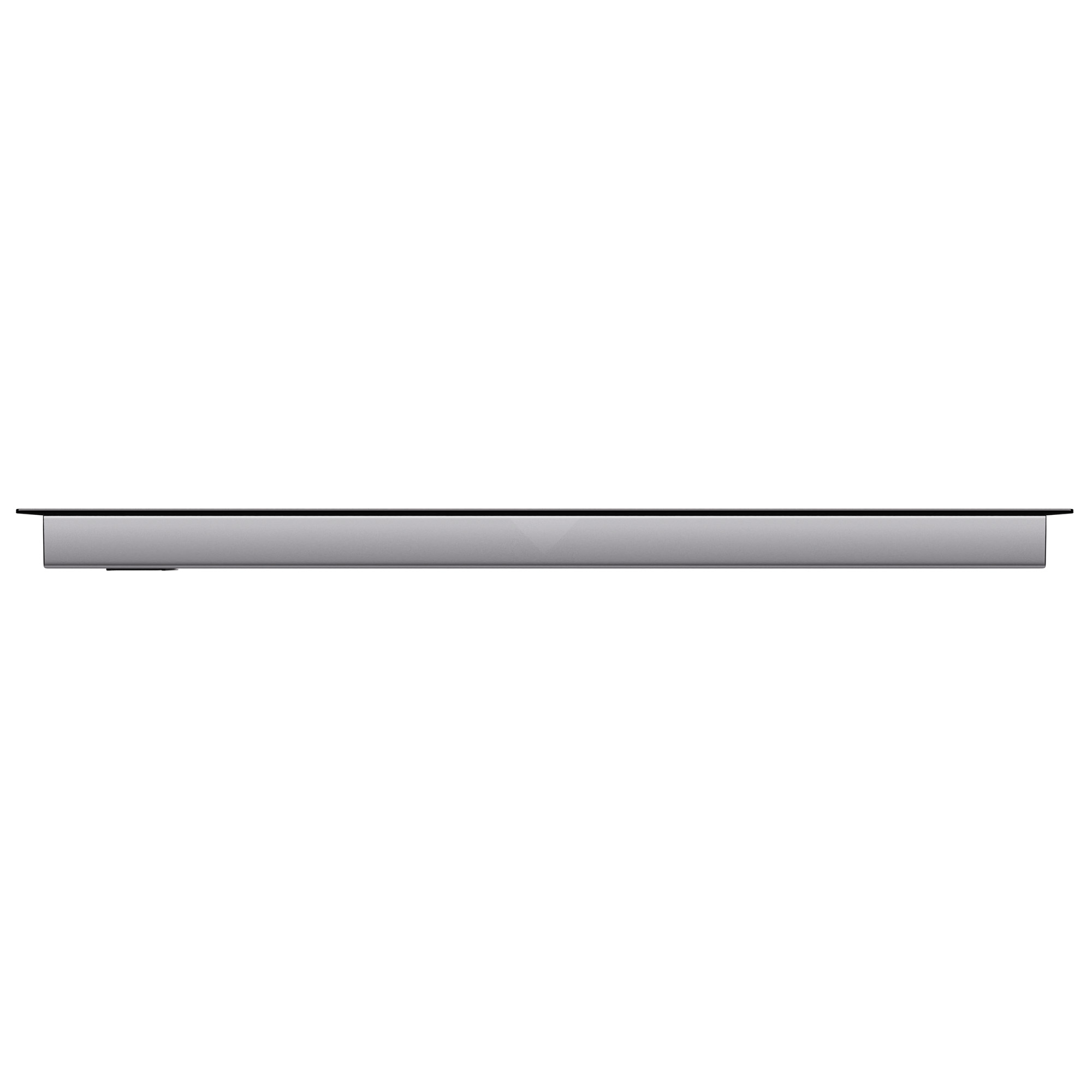 Un objeto rectangular gris claro con una línea negra en la parte superior, sobre un fondo blanco.