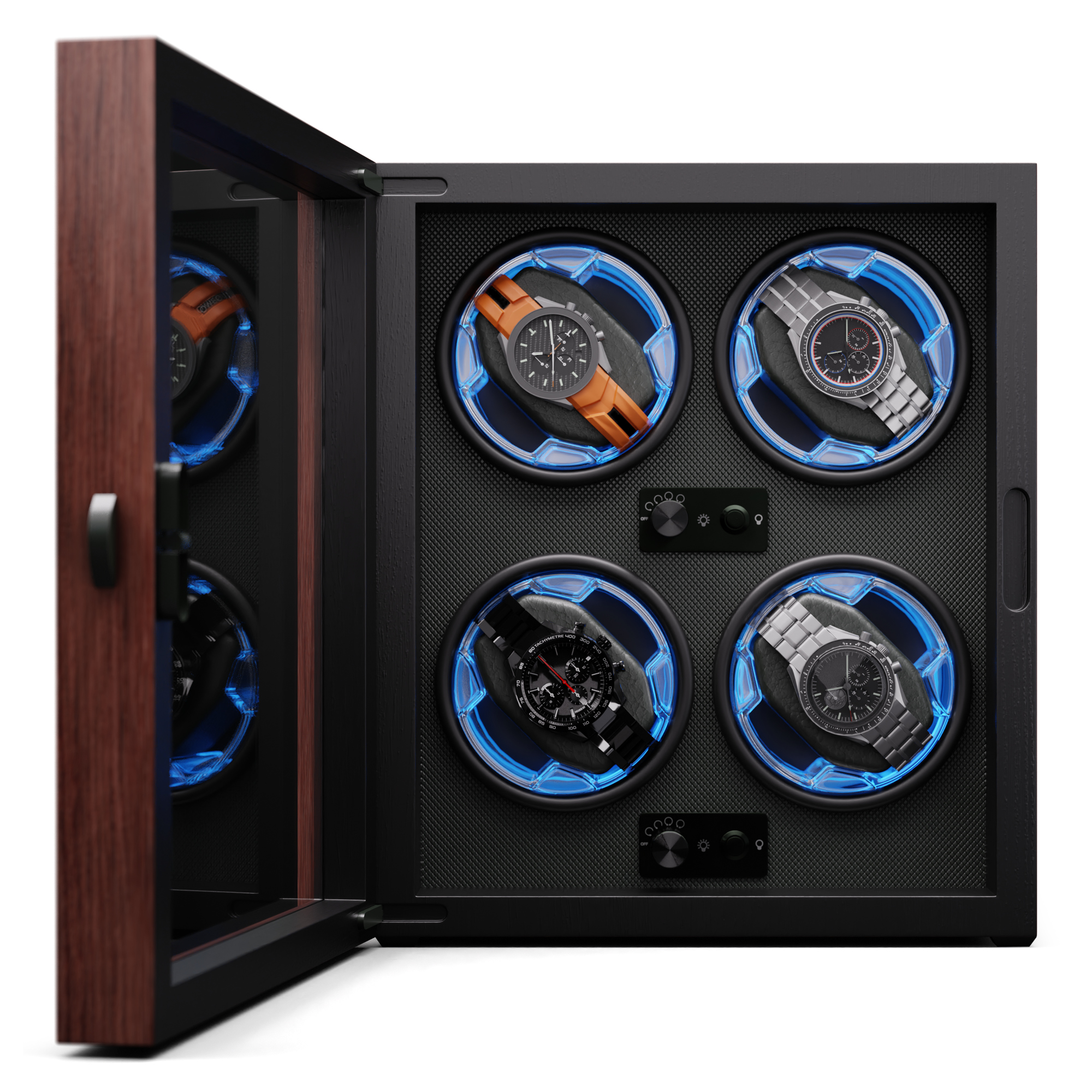 Uhrenbeweger aus Holz mit vier Uhren, jede in einem blau beleuchteten Fach.