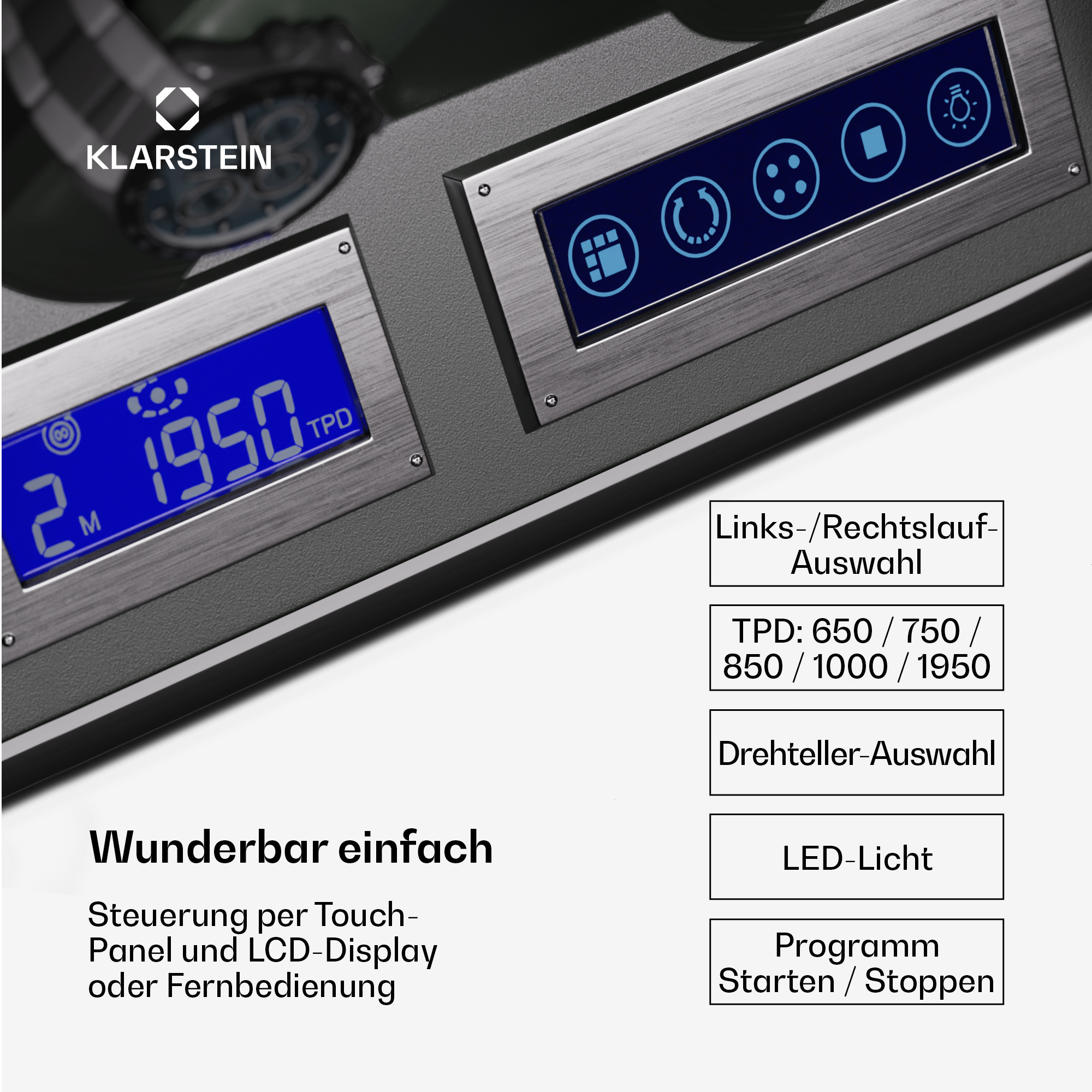 Ein Uhrenbeweger mit Knöpfen und einem blauen Display, das Zahlen anzeigt. Textbezeichnungen sind vorhanden.