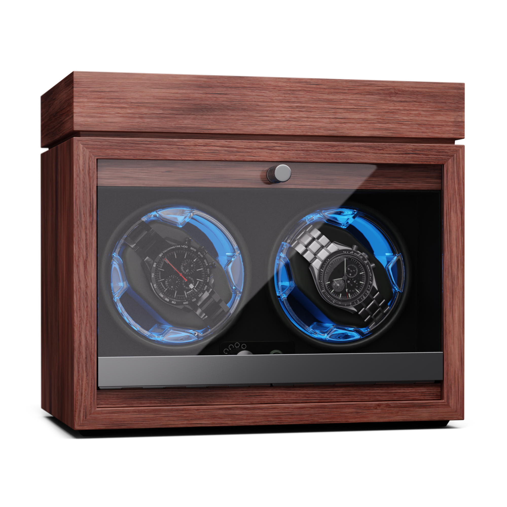 Holz-Uhrenbeweger-Box mit zwei Uhren, beleuchtet von blauen Lichtern.