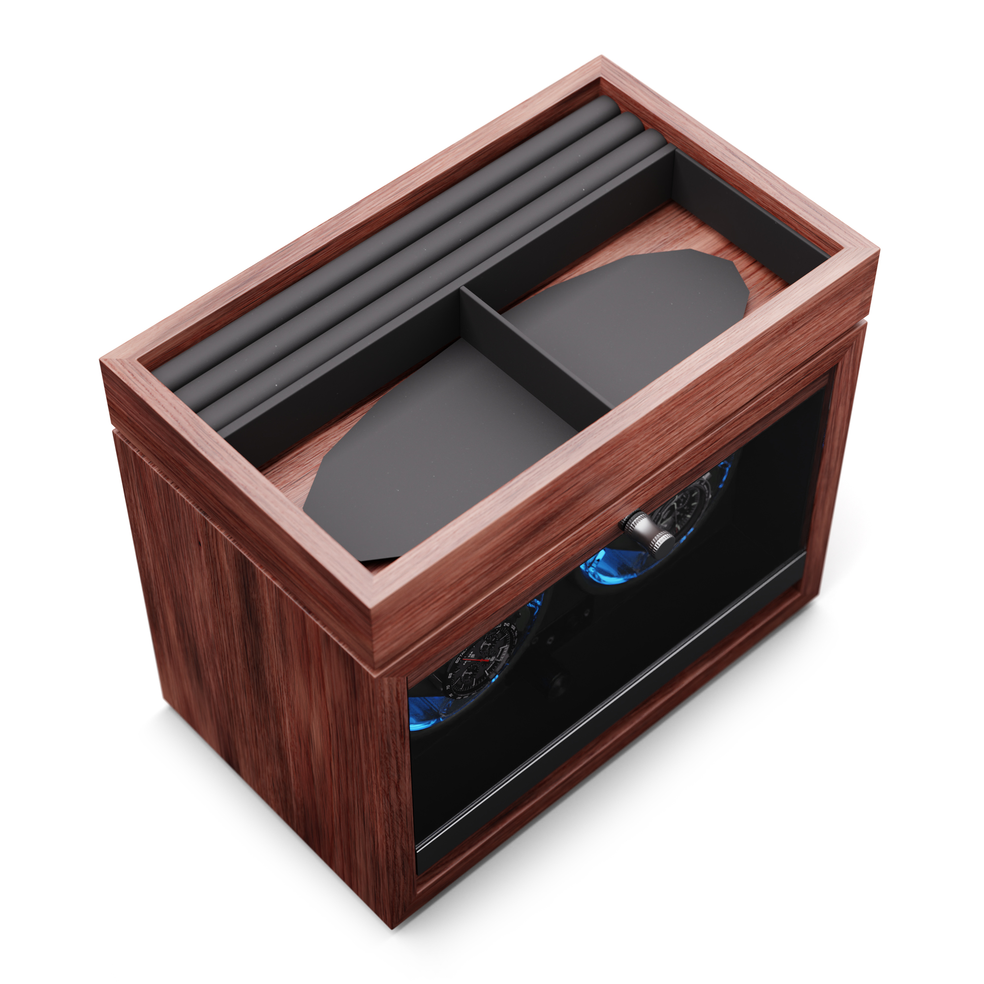 Uhrenbewahrungsbox aus Holz mit zwei Uhren, schwarzer Innenraum, Glasoberseite.
