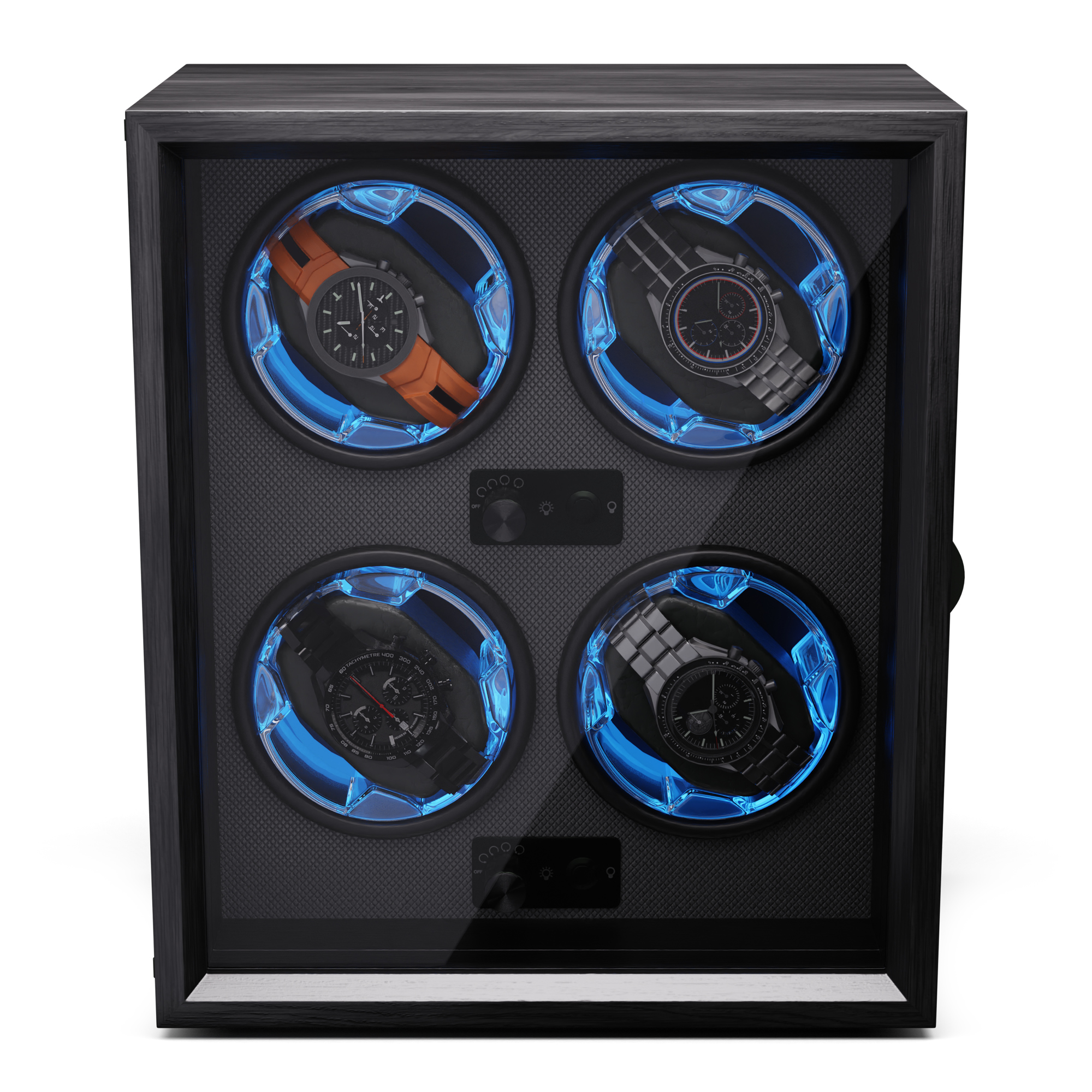 Schwarze Uhrenbewahrungsbox mit 4 sichtbaren Uhren. Blaue Lichter im Inneren. Schwarzer Hintergrund.