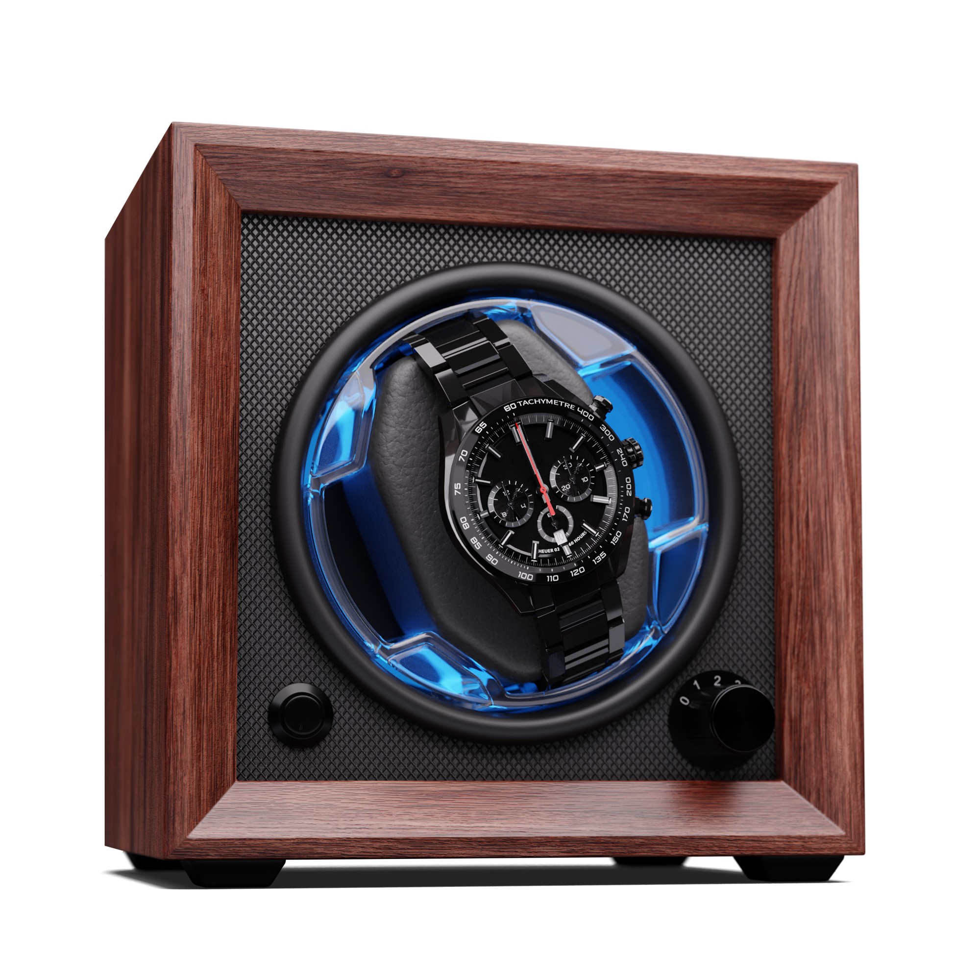 Uhrenbeweger mit schwarzer Uhr. Holzgehäuse, blaues Licht.