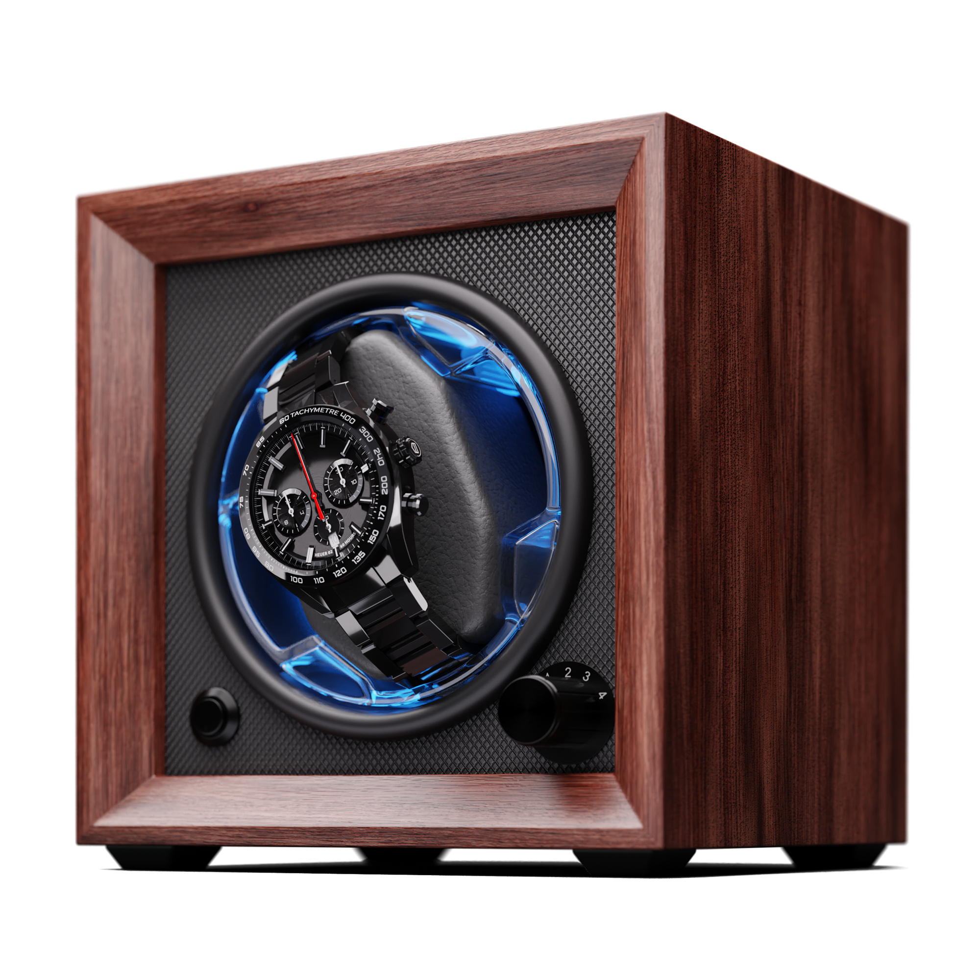 Uhr in einer Holzkiste. Schwarze Uhr mit roten Details. Die Box hat ein schwarzes Netz und einen Knopf.