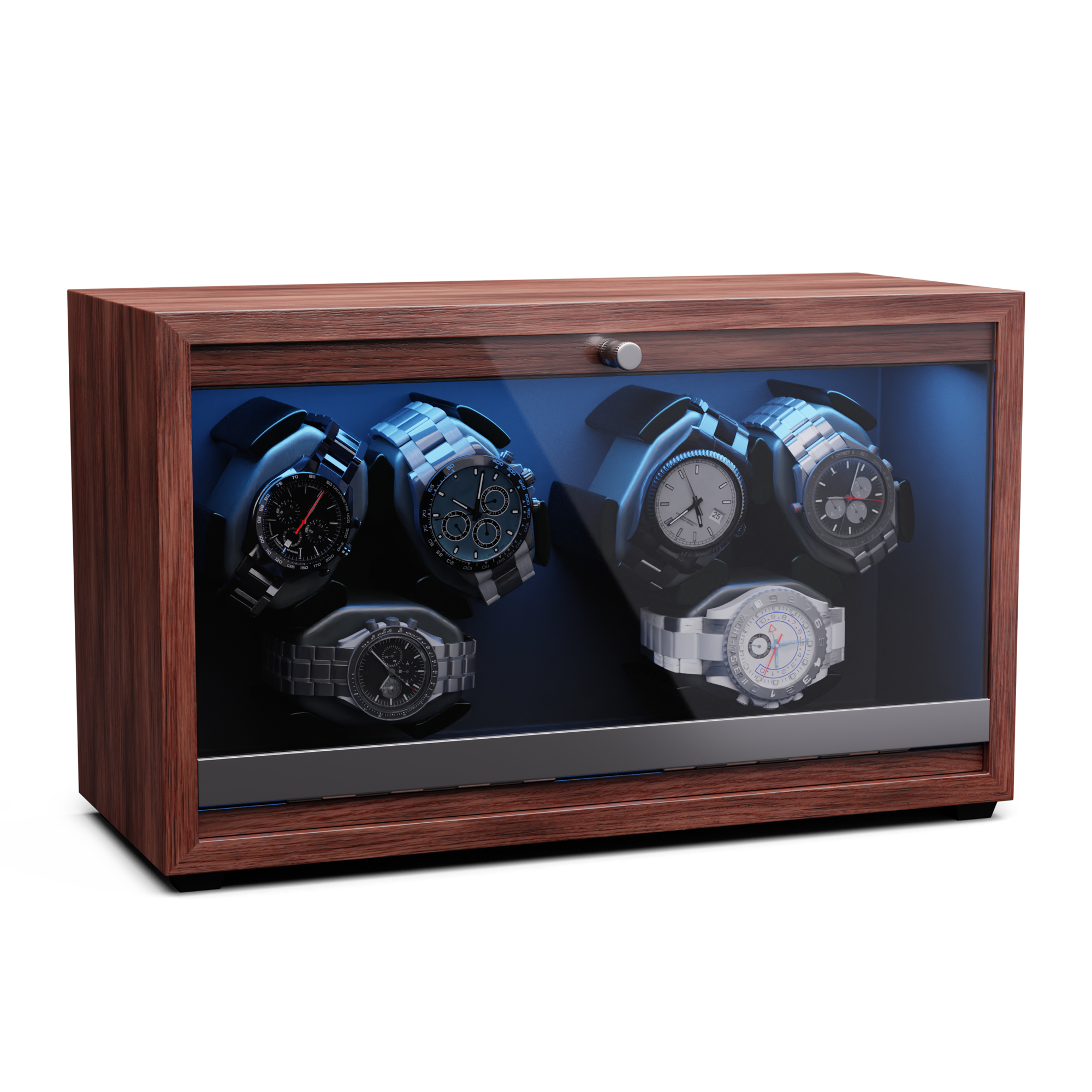 Uhrenvitrine aus Holz mit Uhren. Glasfront.