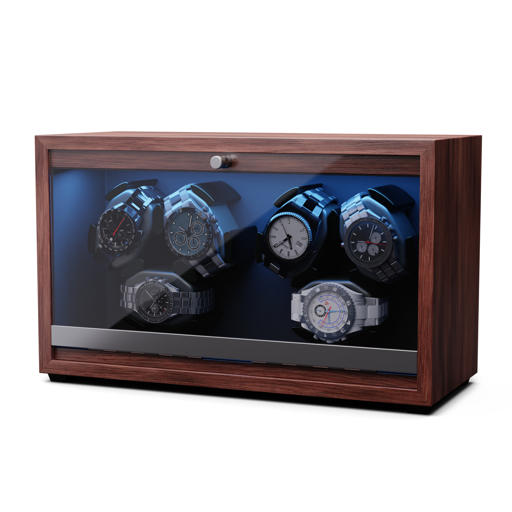 Uhren-Vitrine aus Holz mit Uhren darin und blauem Licht. Weißer Hintergrund.